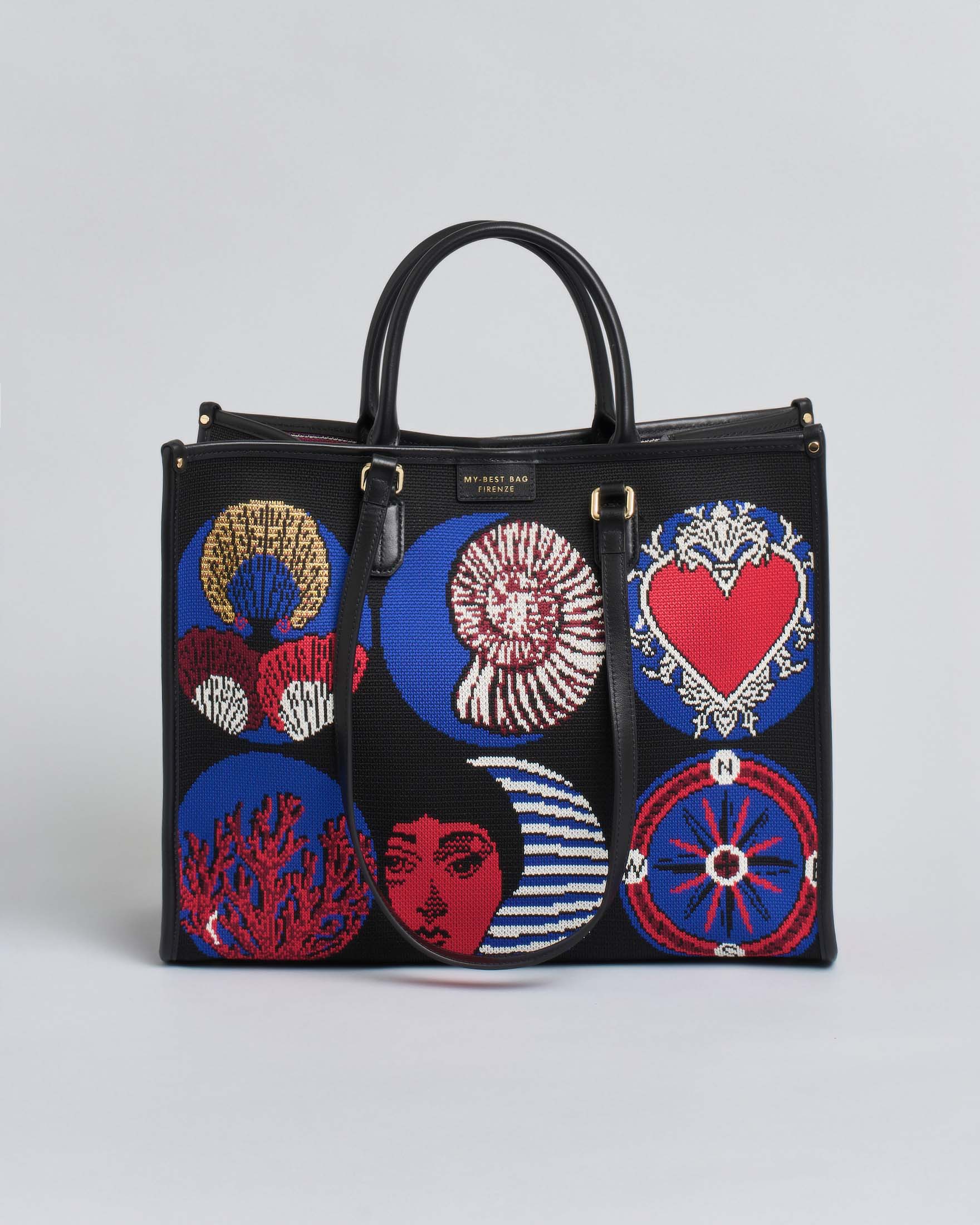 Borsa Atena Sea grande My Best Bag nera in tessuto con disegni blu rossi e bianchi