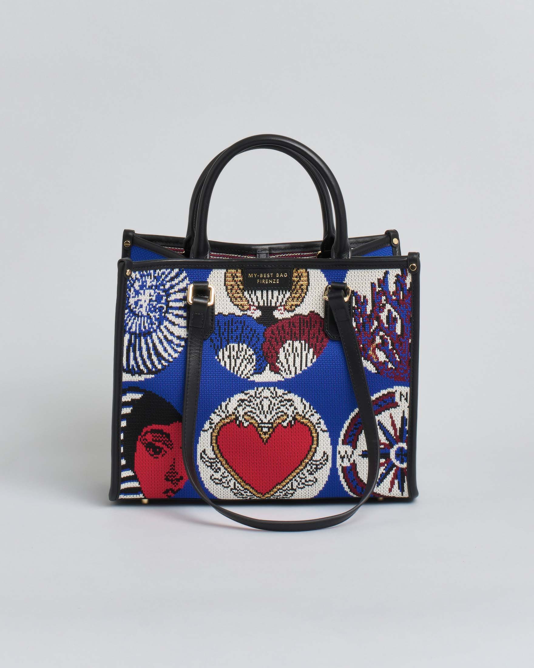 Borsa Atena Sea media My Best Bag blu in tessuto con disegni neri rossi e bianchi