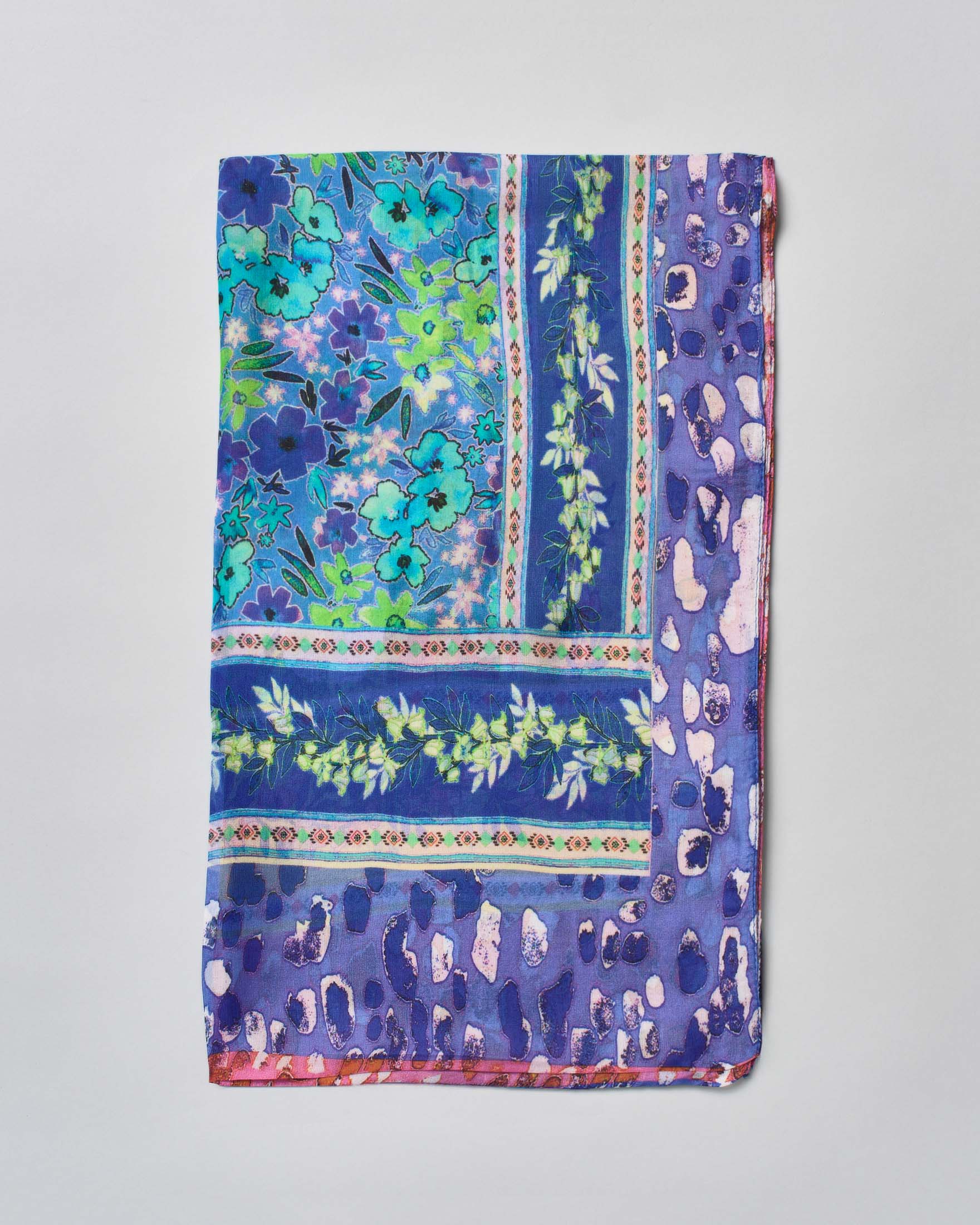 Sciarpa blu in pura seta con stampa fiori e fantasia rosa