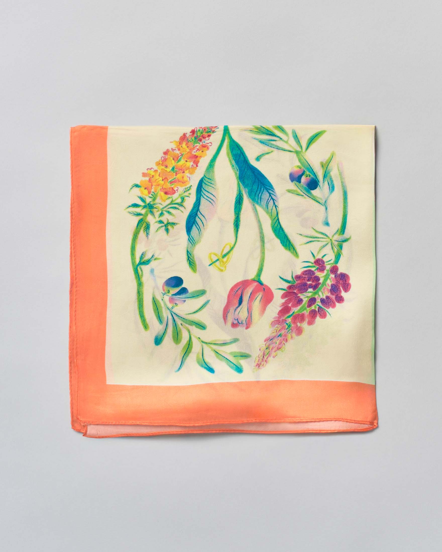 Foulard multicolor con stampa patch fiori e bordo arancione