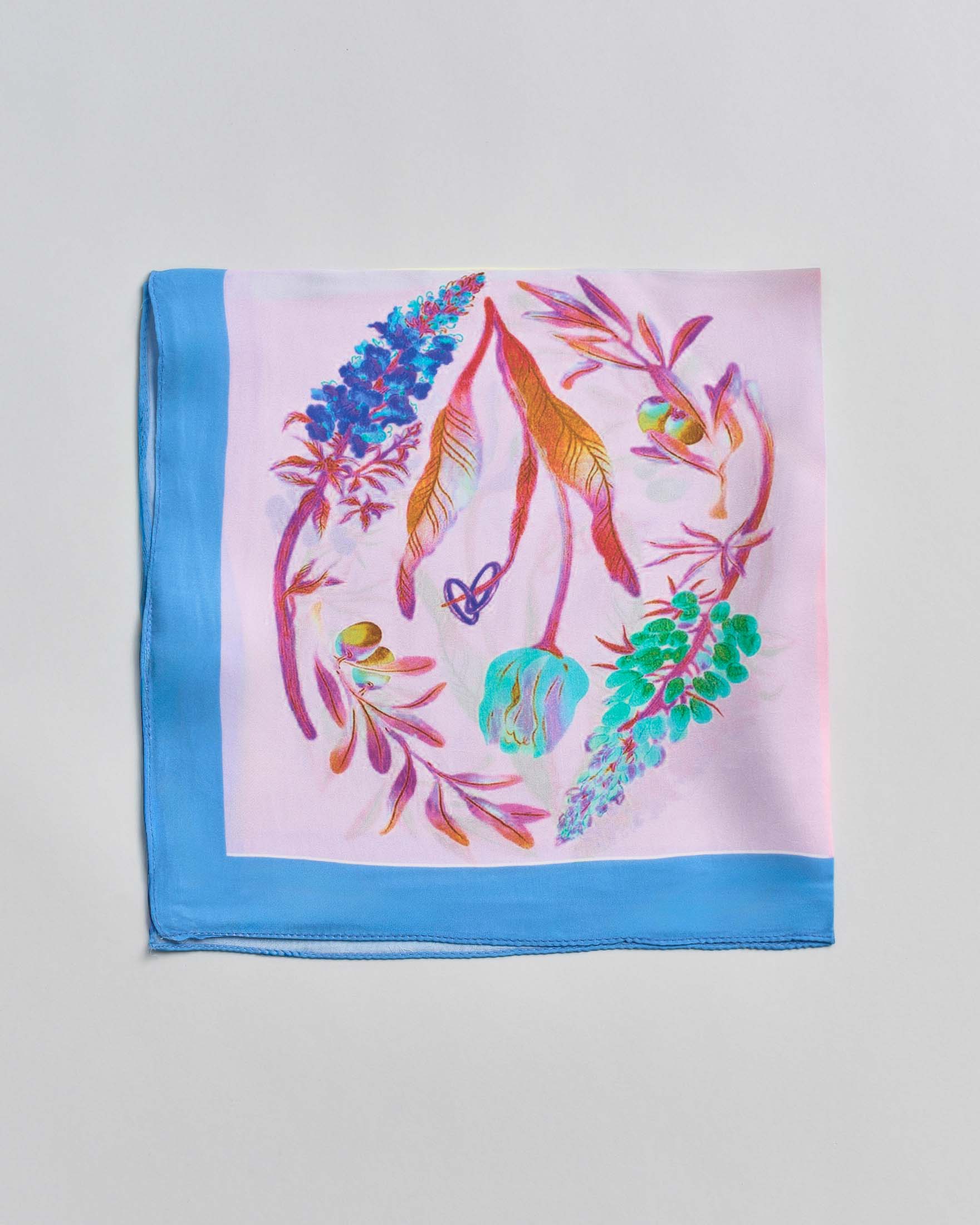 Foulard Pellizzari multicolor con stampa patch fiori e bordo blu