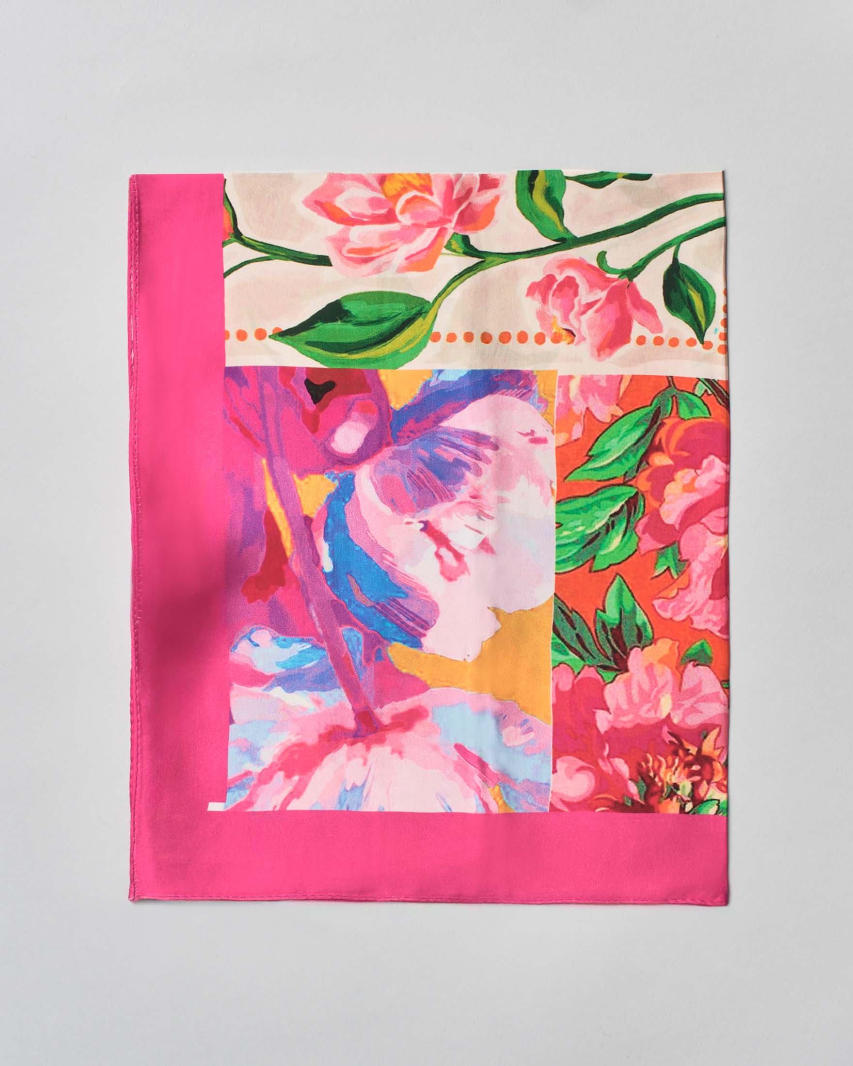 Foulard Pellizzari multicolor con stampa patch fiori e bordo fucsia