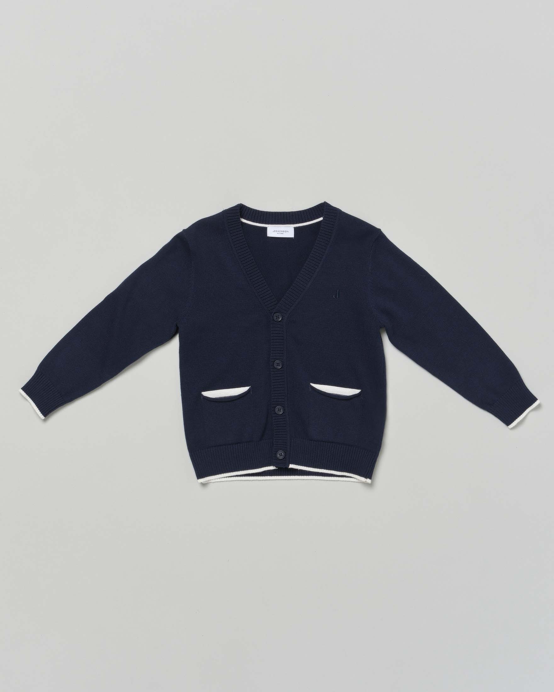 Cardigan blu Jackerson con scollo a V e toppe bianche