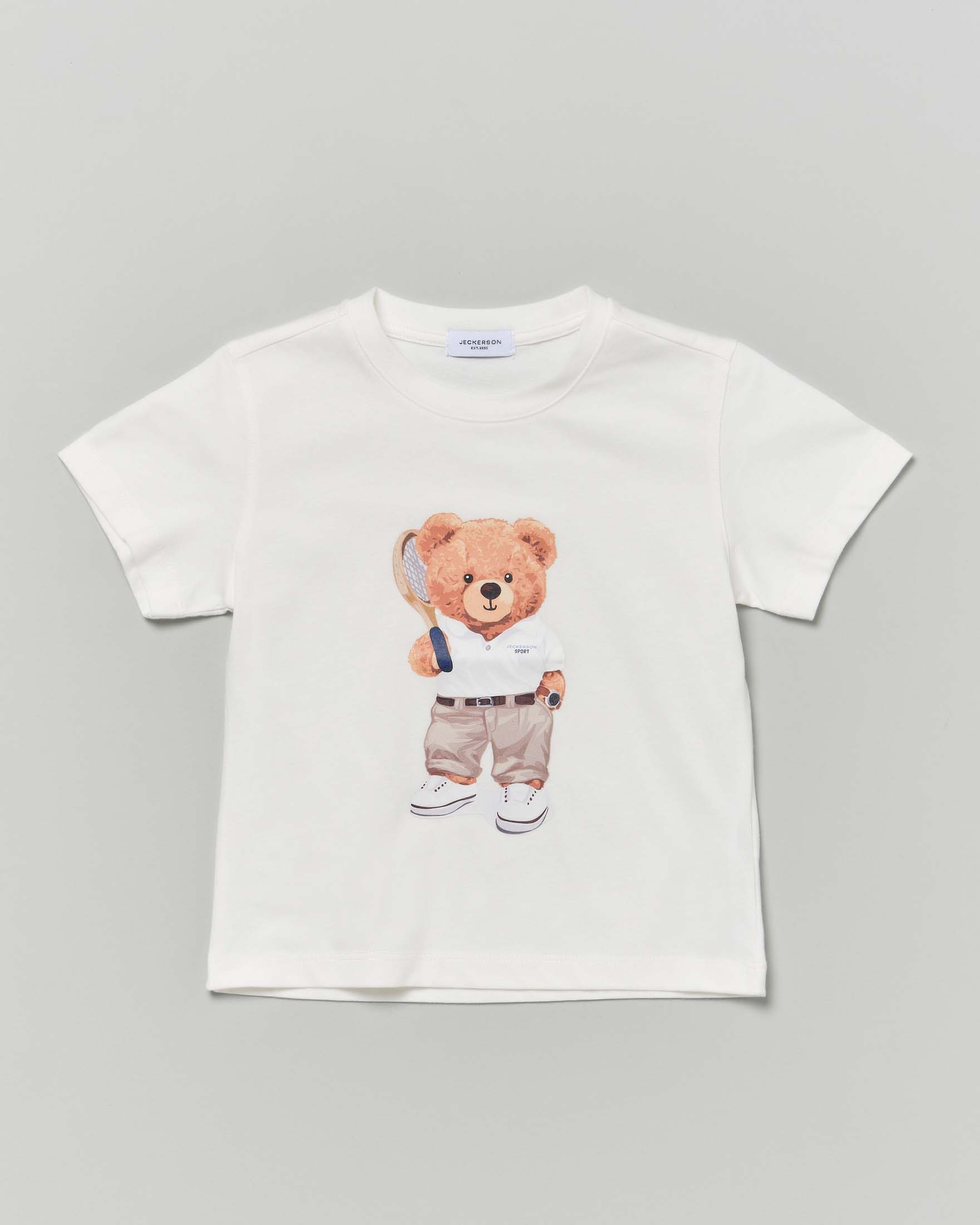 T-shirt bianca Jeckerson in cotone a maniche corte con stampa orsetto tennis