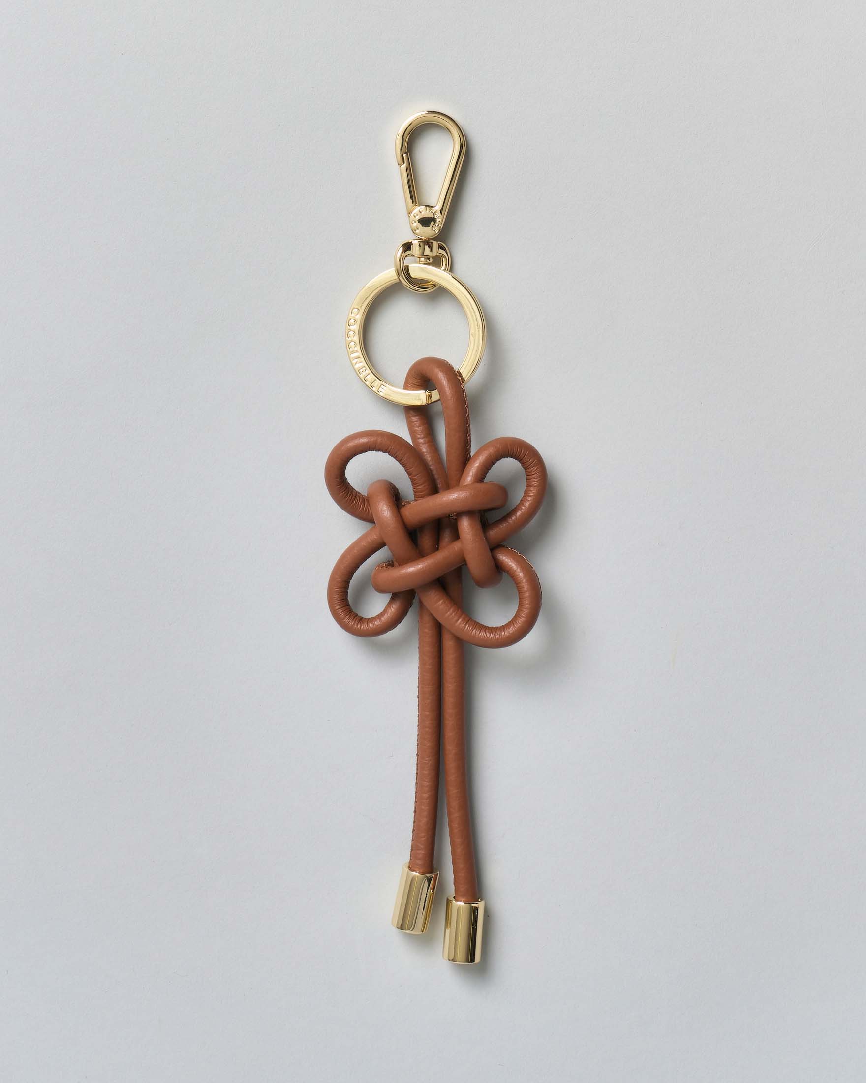 Portachiavi con nodi Coccinelle in pelle color cuoio con anello e moschettone dorati