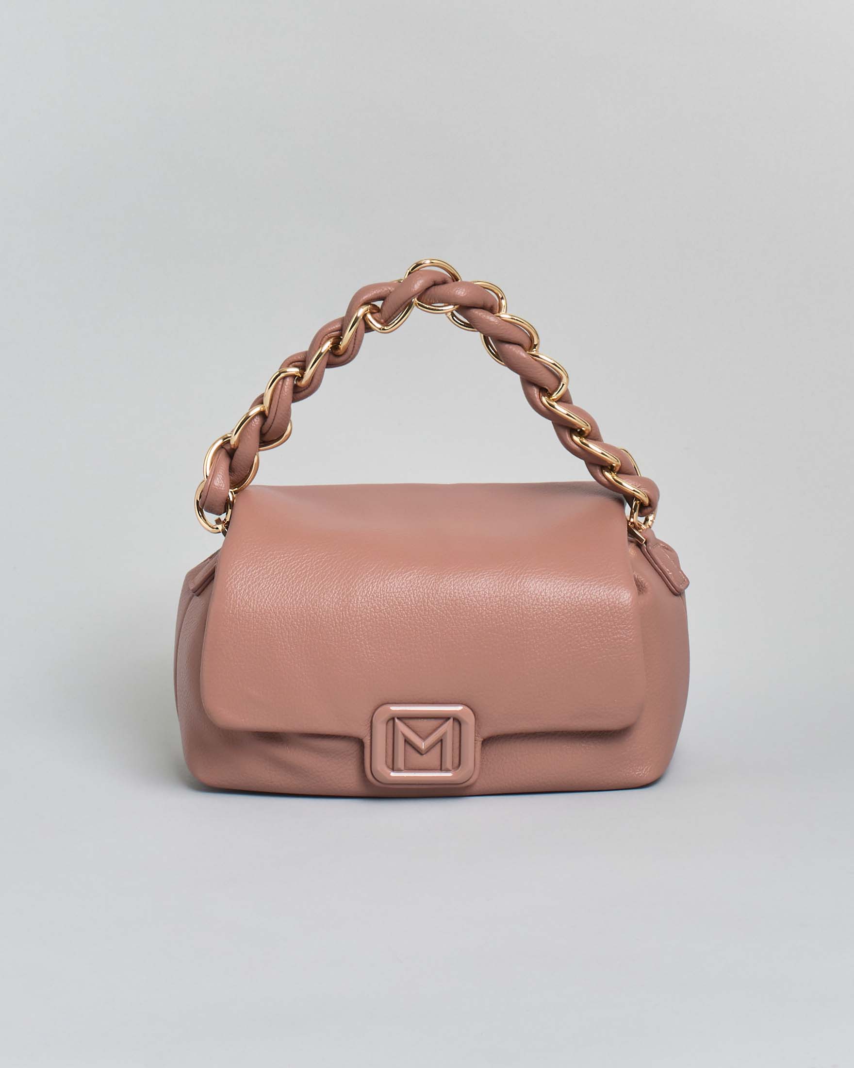 Borsa a mano Le Muse piccola malva con manico intrecciato e chiusura a patta con logo