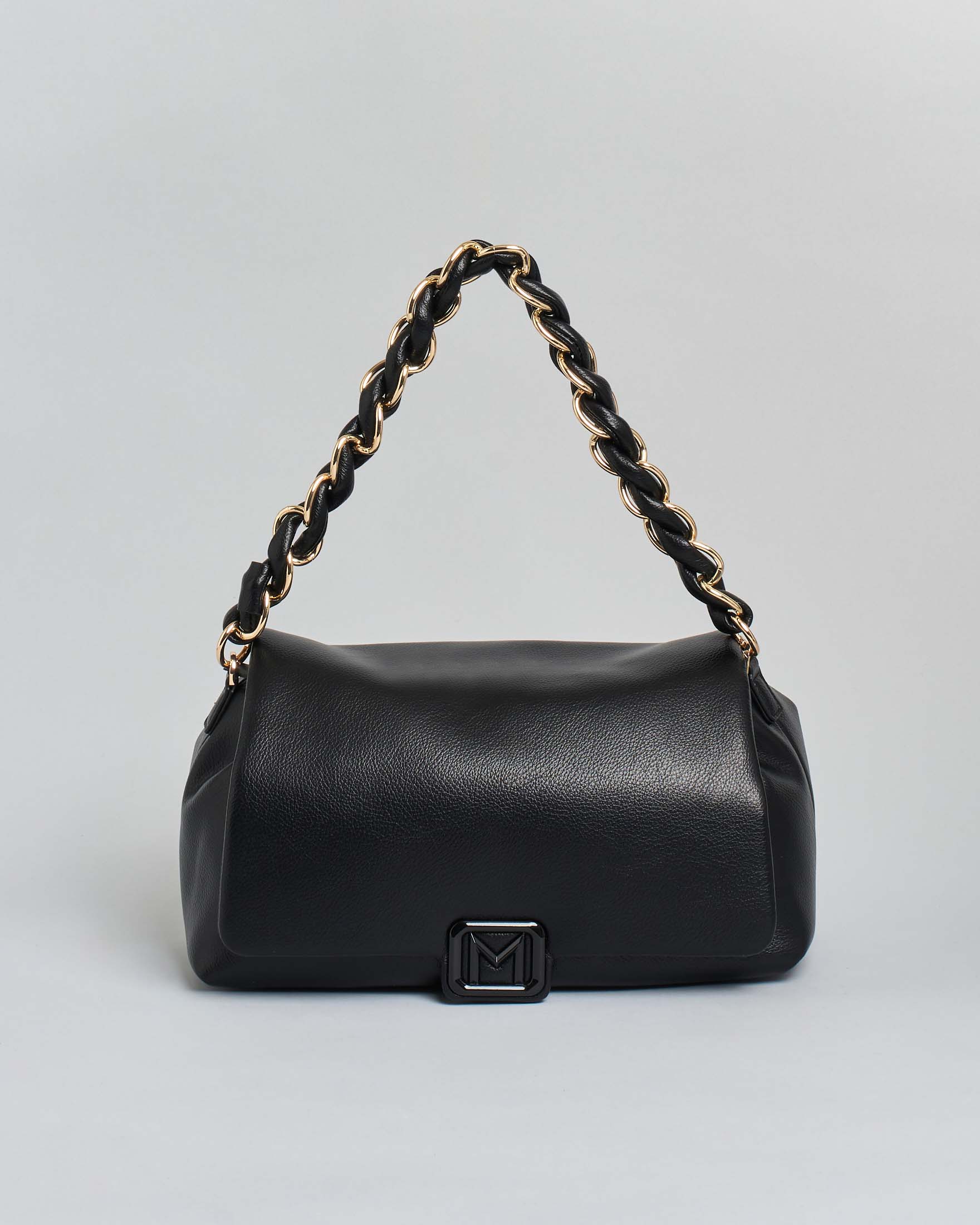 Borsa a mano Le Muse media nera con manico intrecciato e chiusura a patta con logo