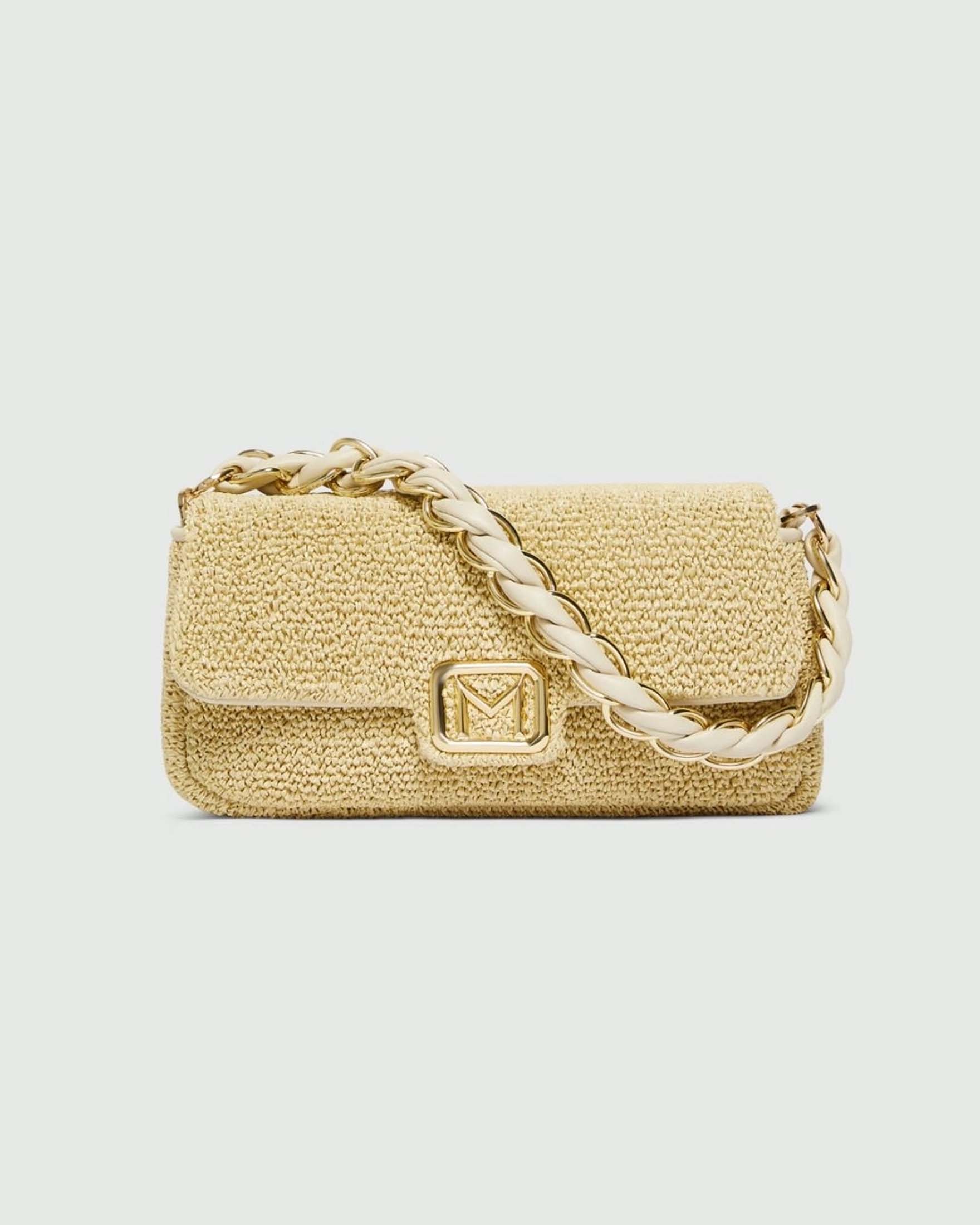 Borsa a mano Le Muse media color burro effetto rafia con chiusura a patta e placca logata