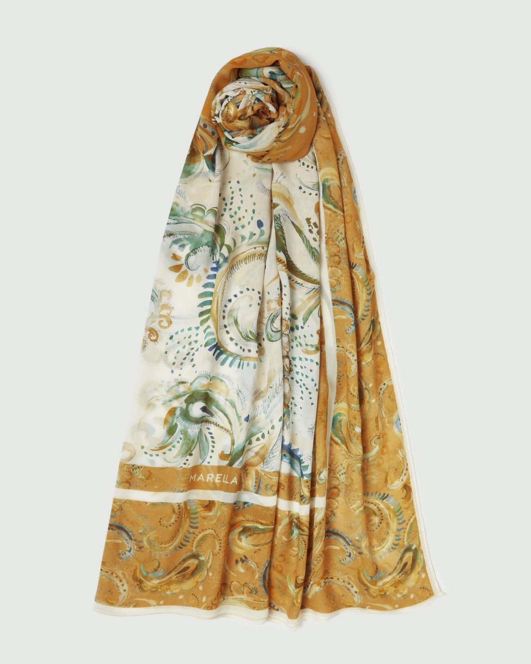Scialle Marella in modal e seta color ocra e beige con stampa floreale