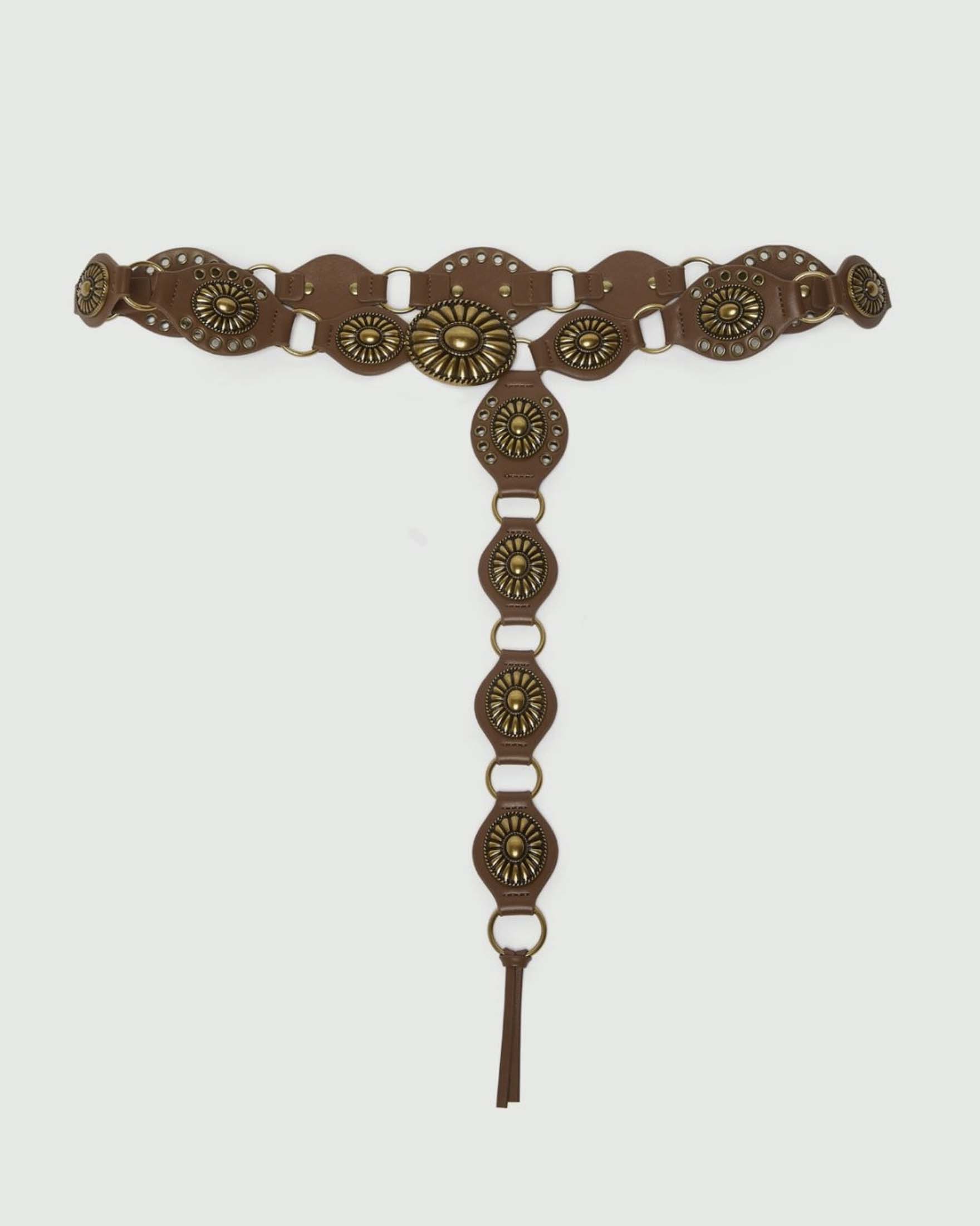 Cintura folk color cuoio con applicazioni in galvanica oro
