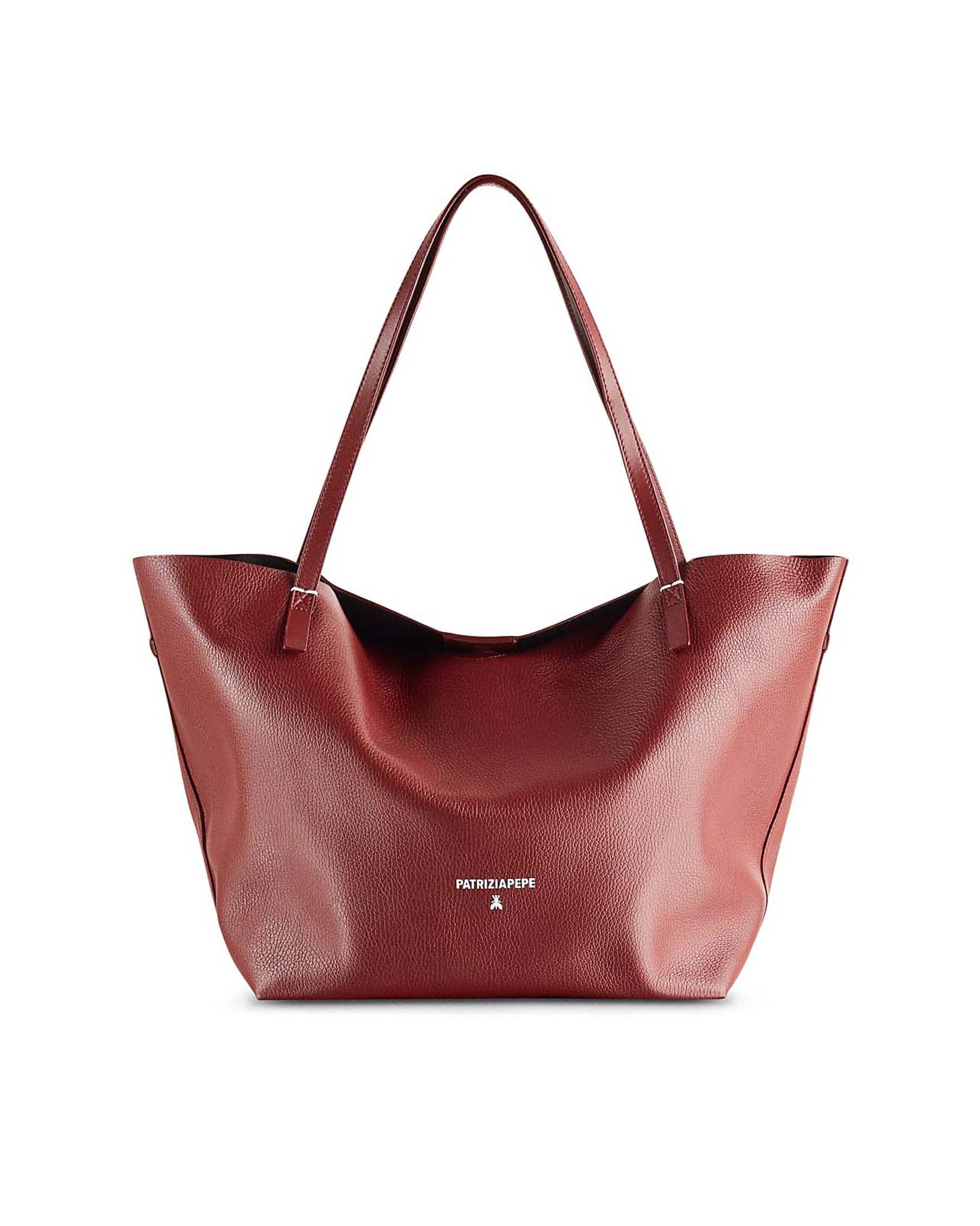 Shopping bag bordeaux linea Never Complete in pelle con scritta logo e punti di cucitura a contrasto