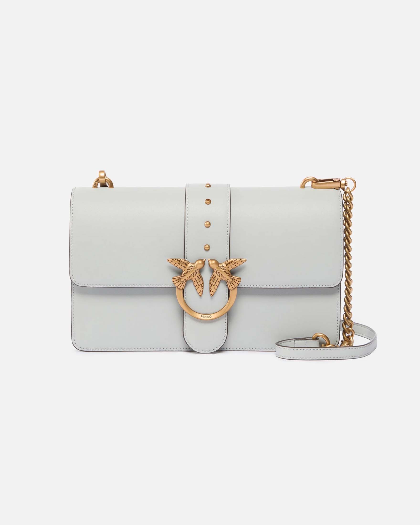 Borsa Love Bag One Pinko in pelle liscia color perla con fibbia Love Birds dorata e tracolla a catena