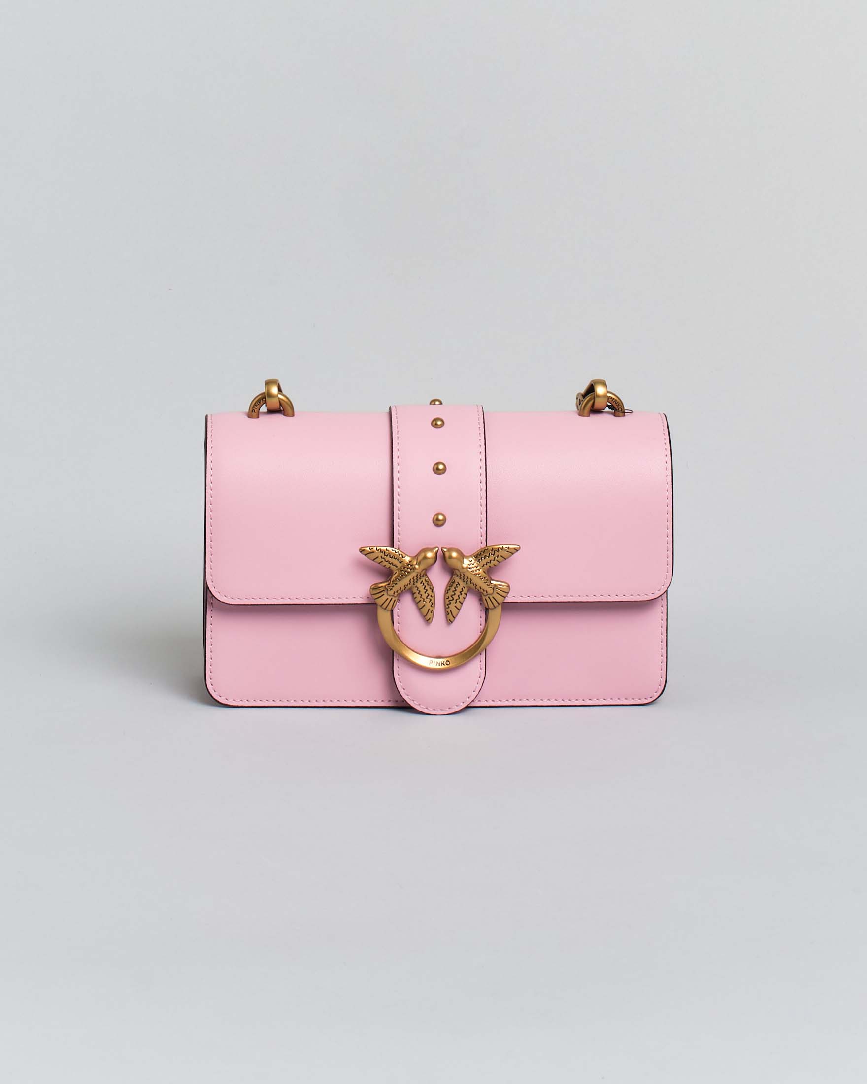 Borsa piccola Love Bag One Pinko in pelle liscia rosa con fibbia Love Birds dorata e tracolla a catena