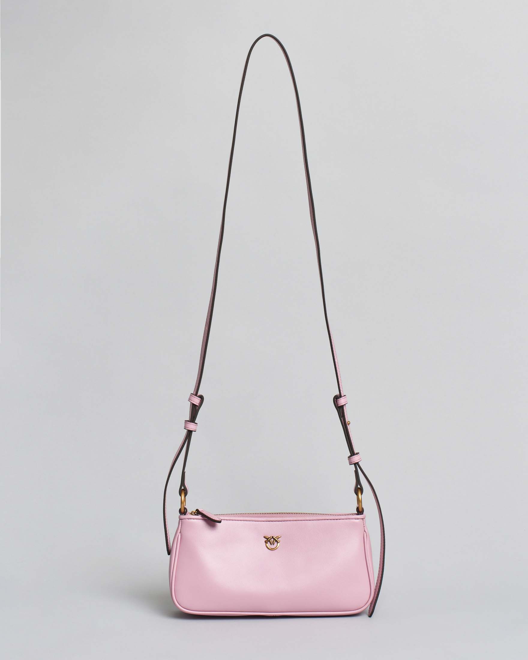 Borsa piccola Mini Half Moon in pelle liscia rosa con logo Love Birds dorato e tracolla