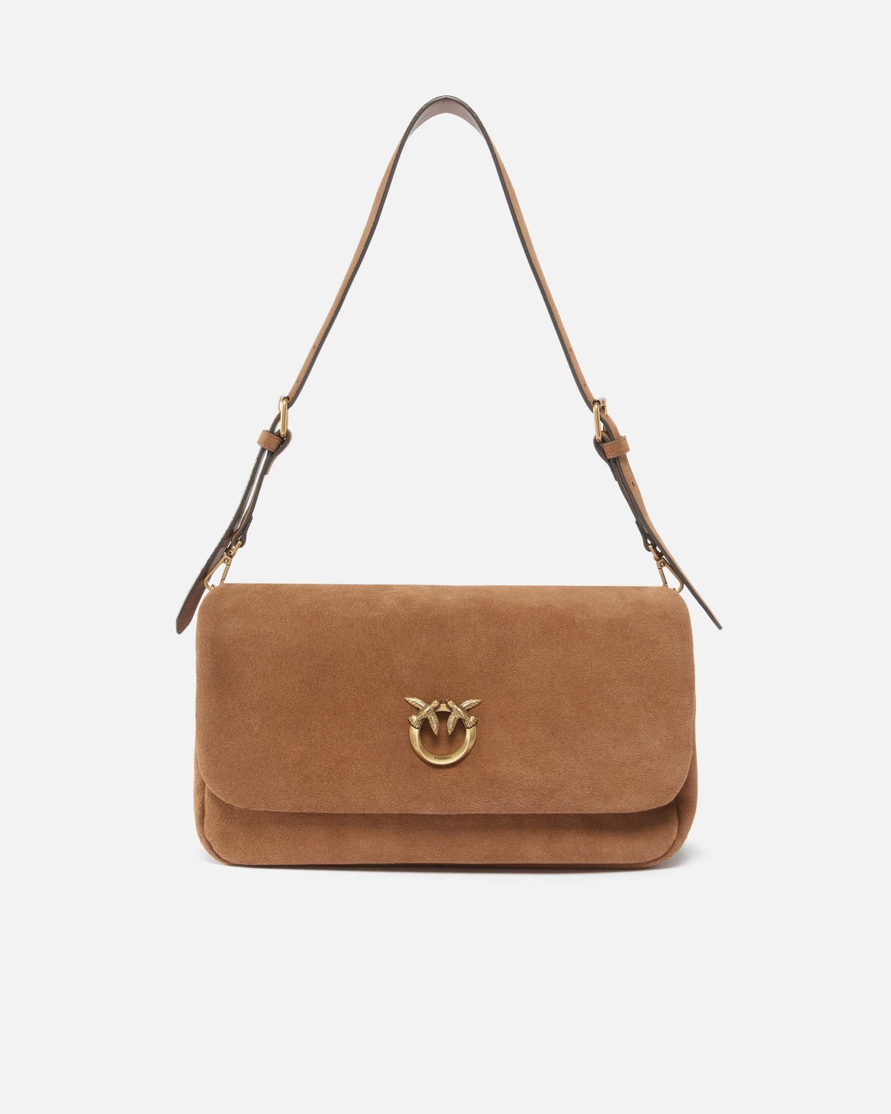 Borsa a tracolla media Love bag Click Soft Horizontal Handle in suede cuoio con fibbia dorata