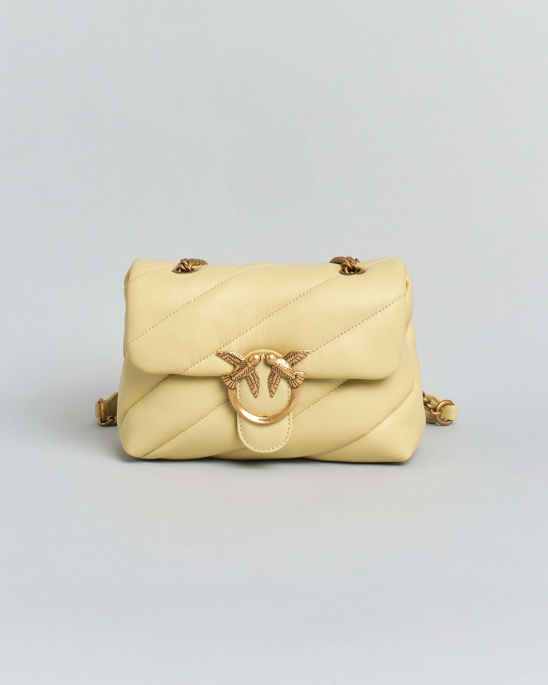 Borsa Mini Love Bag Puff Pinko in pelle gialla con fibbia Love Birds dorata e tracolla