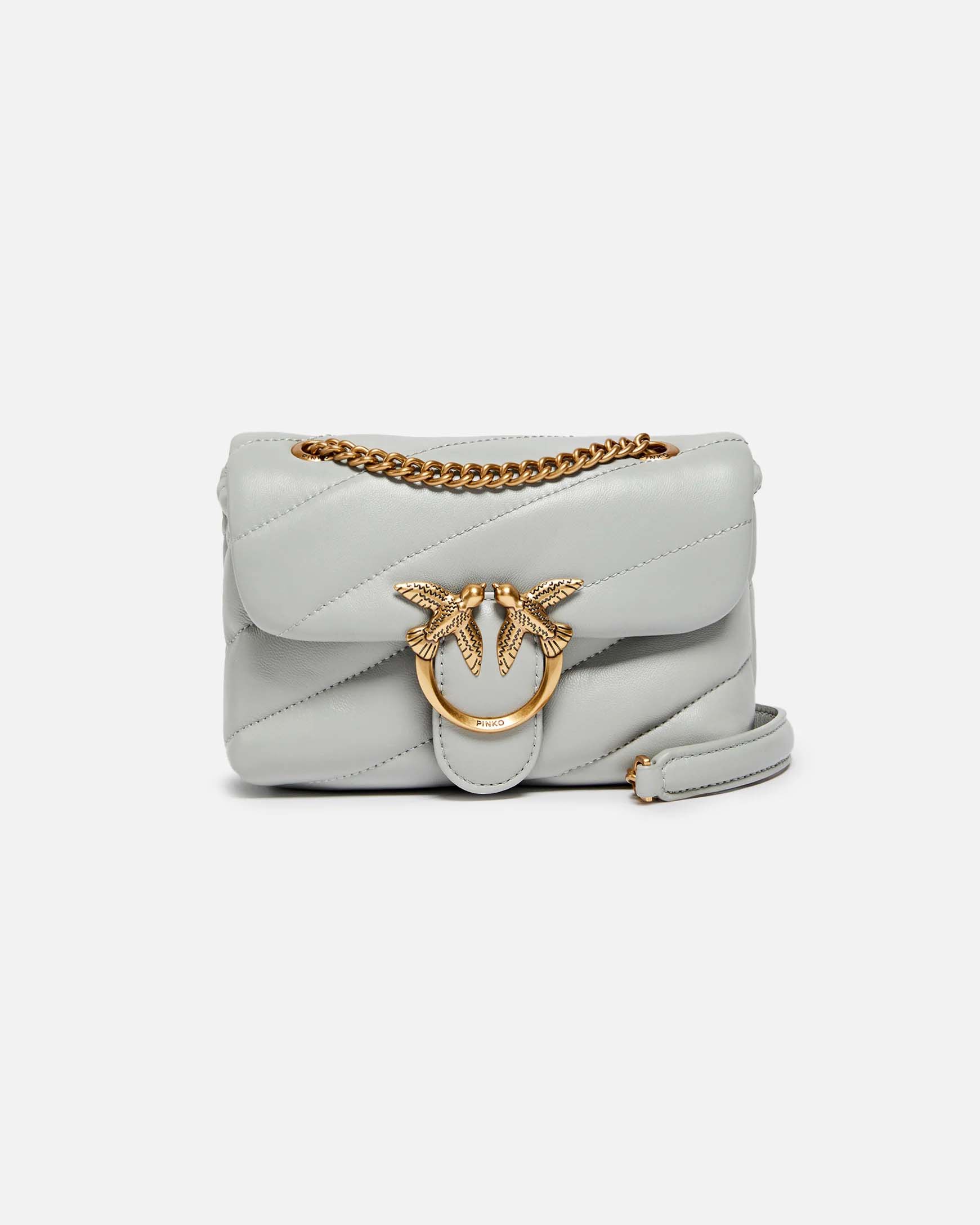 Borsa Baby Love Bag Puff Pinko in pelle color perla con fibbia Love Birds dorata e tracolla