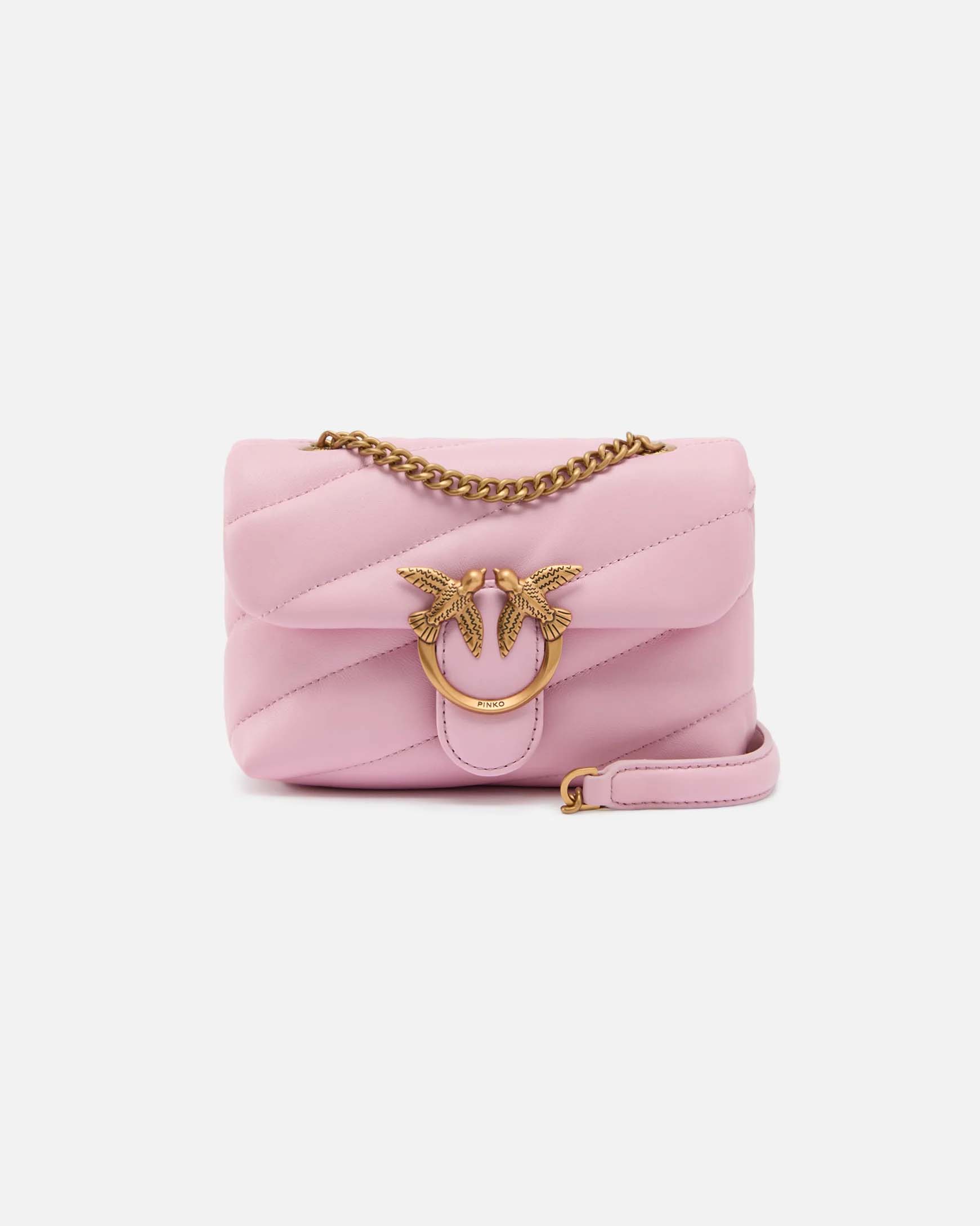 Borsa Baby Love Bag Puff Pinko in pelle rosa con fibbia Love Birds dorata e tracolla