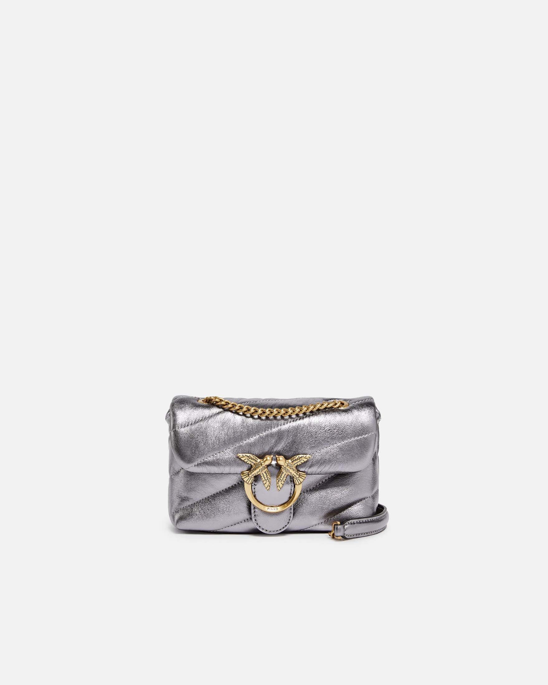 Borsa a tracolla Baby Love Bag Puff Pinko in nappa laminata argento