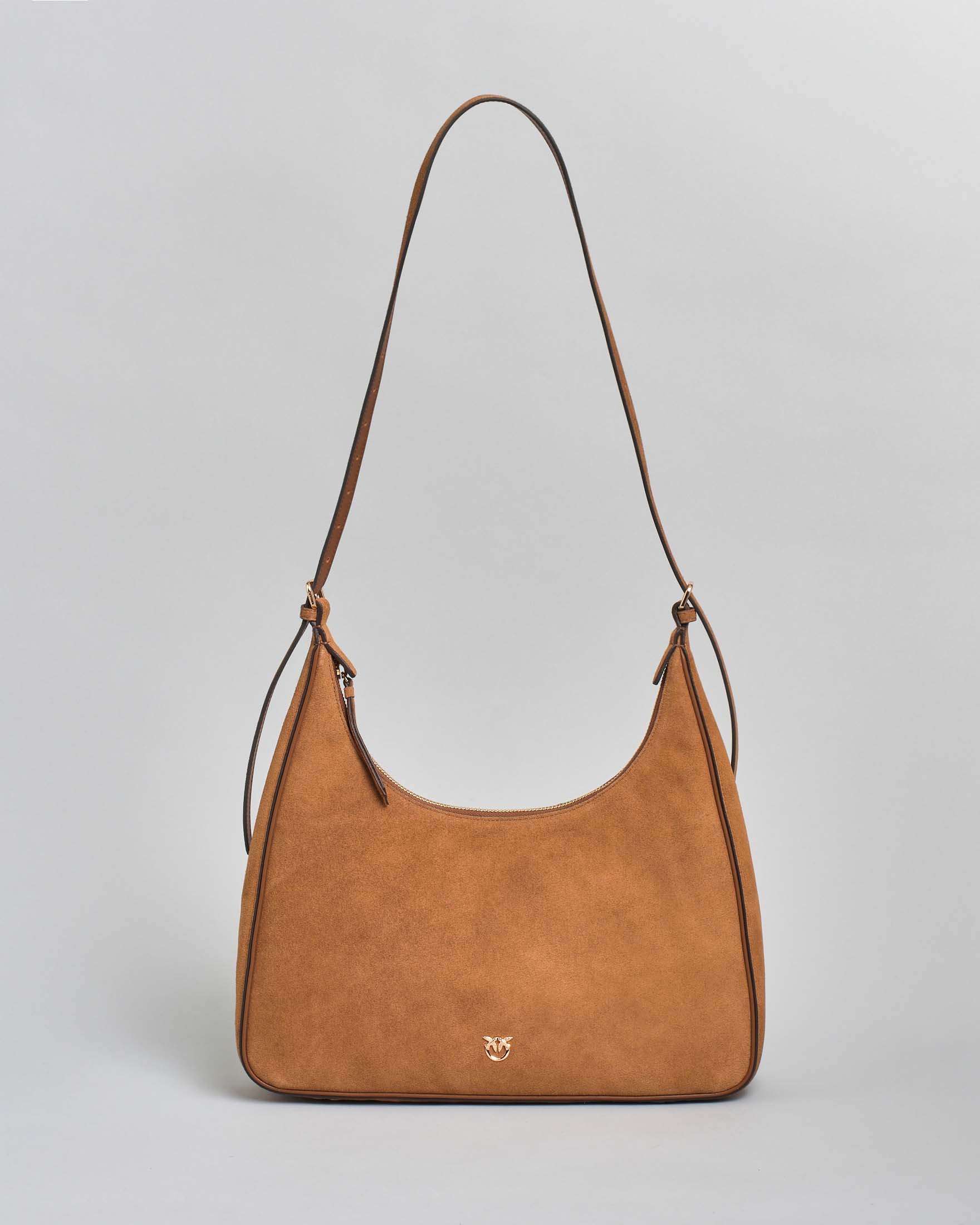 Borsa hobo media Love Bag One in suede color cuoio con logo Love Birds dorato