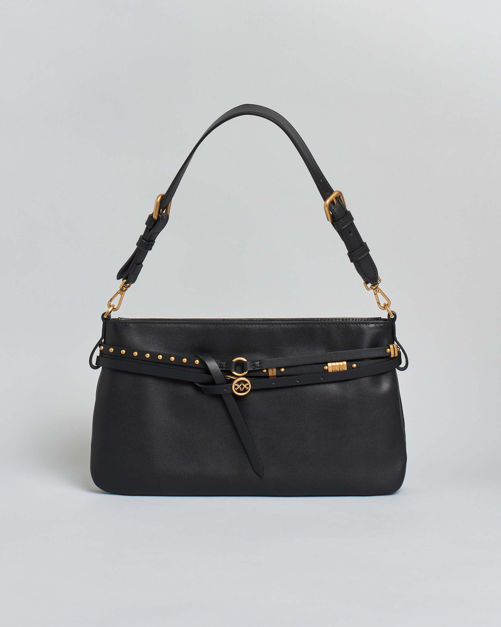 Borsa a spalla media Belt Bag Pinko in pelle nera con cinturini e dettagli dorati