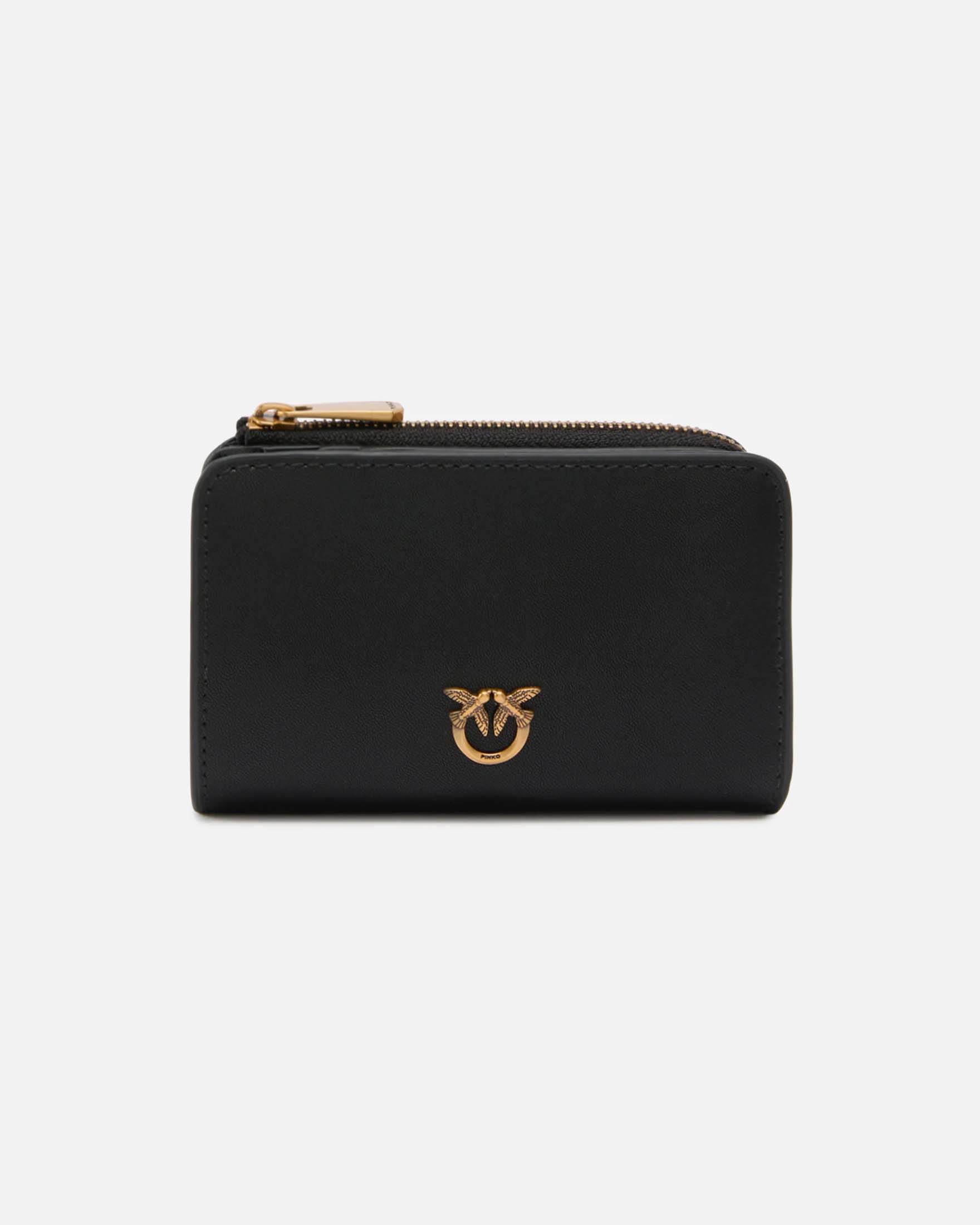 Portafoglio mini in pelle nera Pinko con zip e logo Love Birds dorato