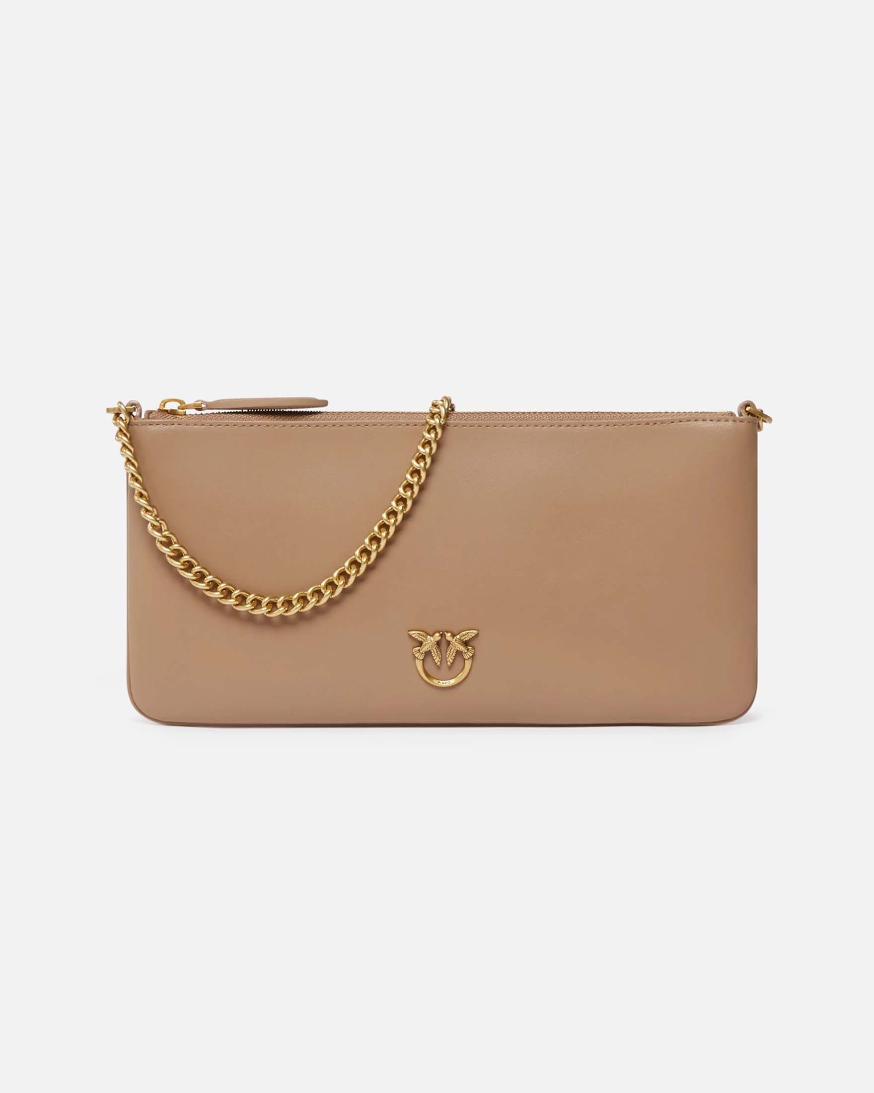 Borsa media a spalla Flat Love Bag Simply in pelle color cammello con logo e tracolla dorati