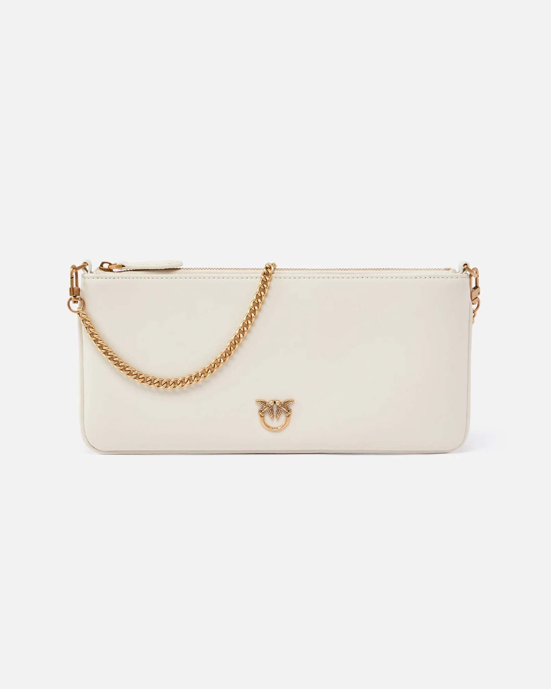 Pochette Horizontal Flat Bag in pelle liscia bianca con logo e tracolla a catena dorati