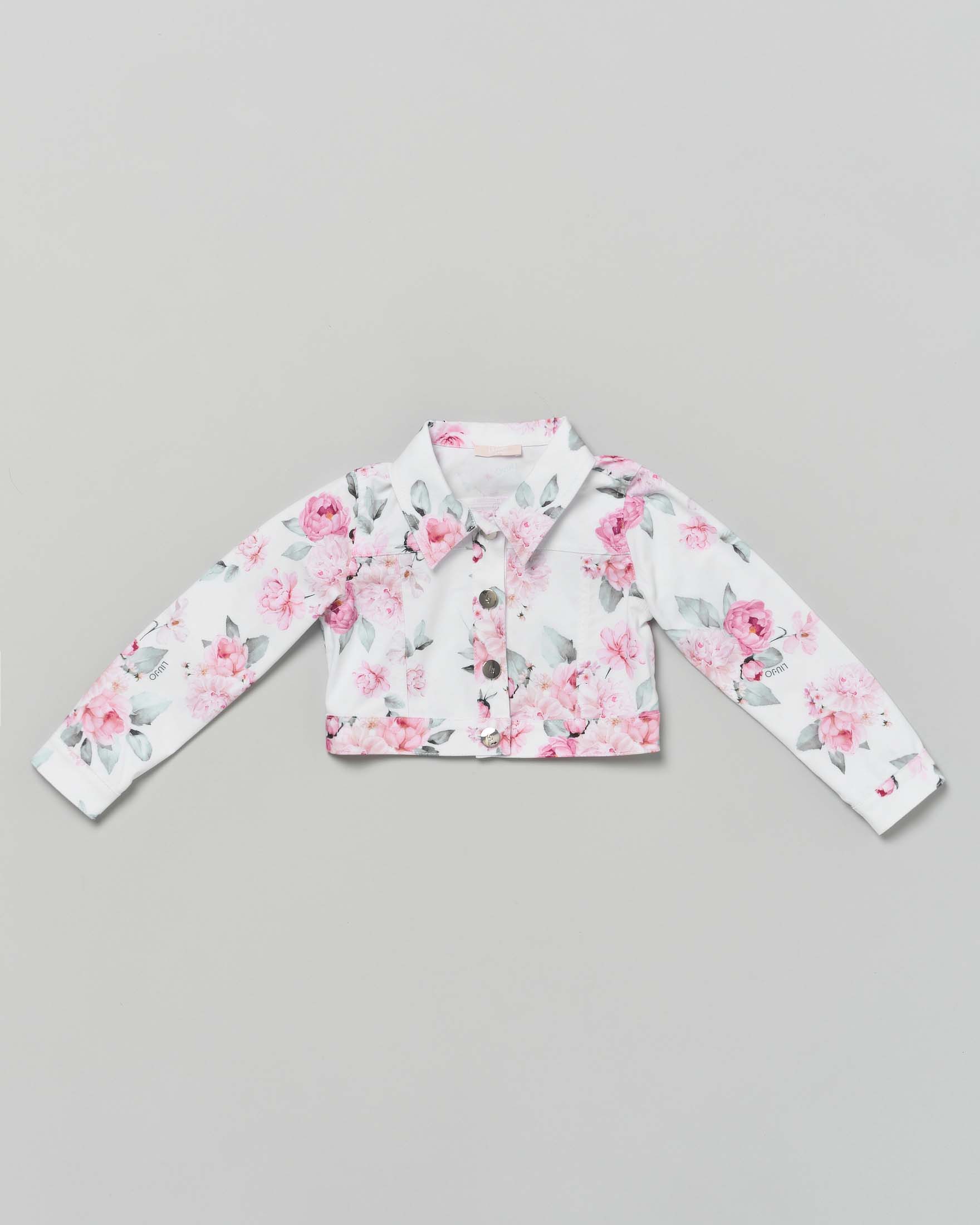 Giubbino cropped Liu-Jo in drill bianco con fiori rosa all over