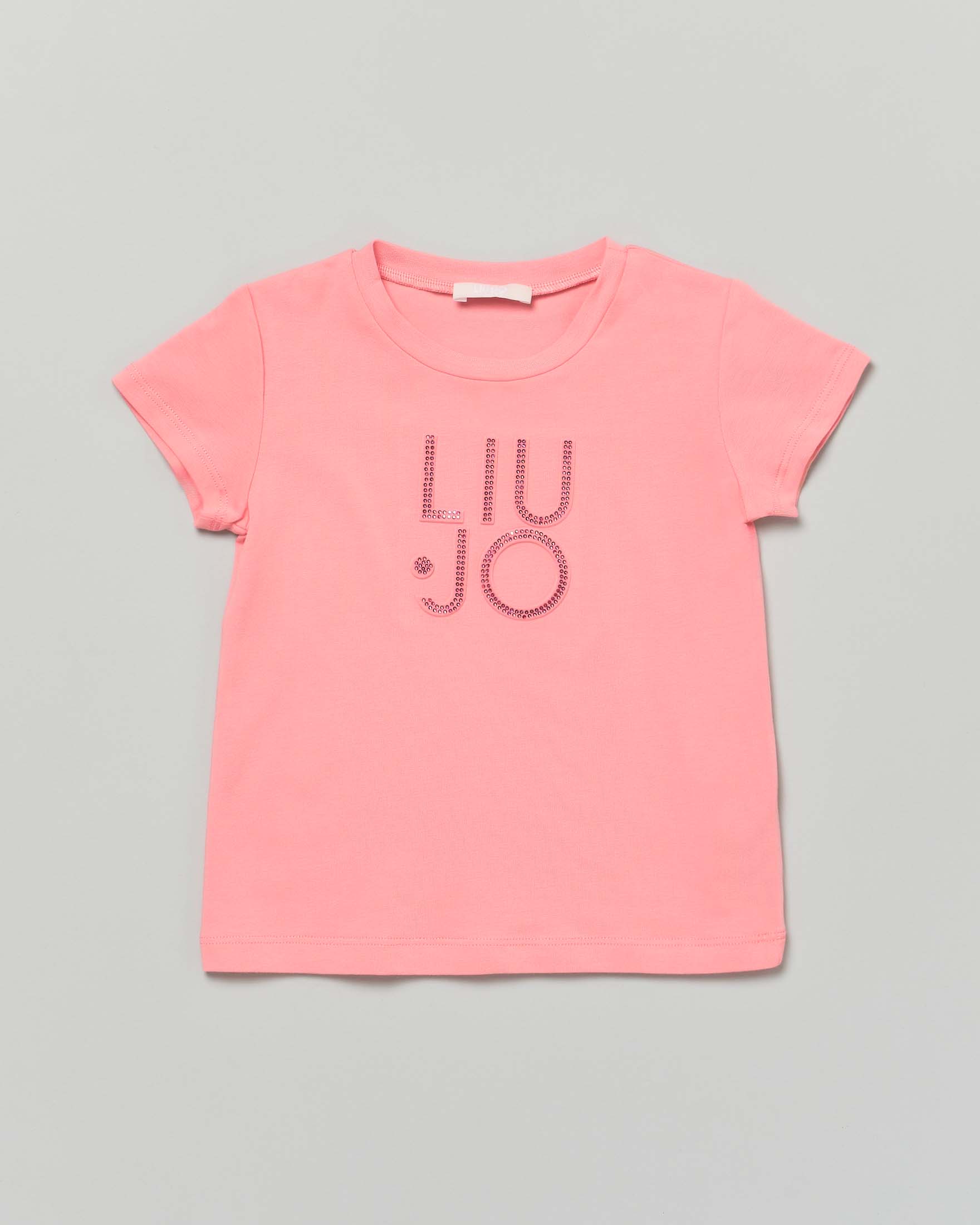 T-shirt Liu Jo color corallo mezza manica con scritta logo strass