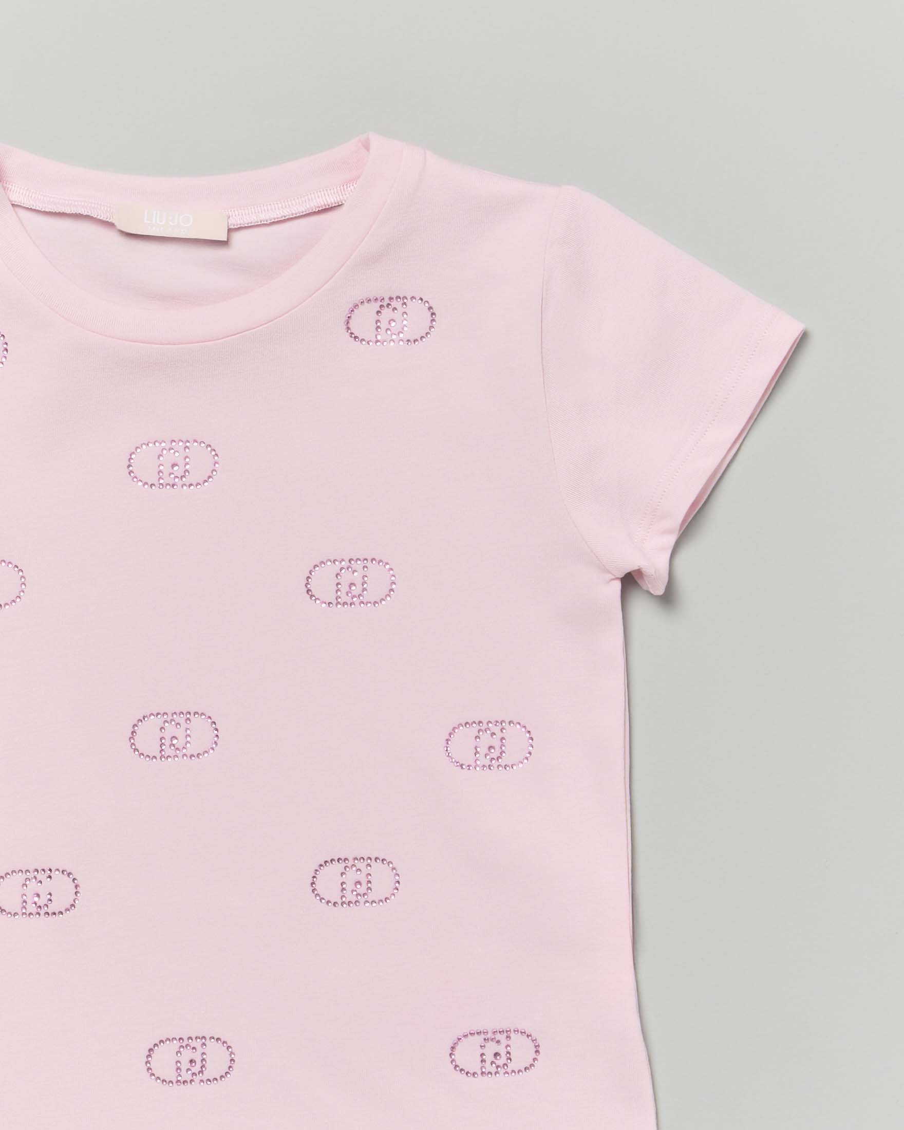 T-shirt Liu Jo rosa mezza manica con mini logo icon in strass all over image