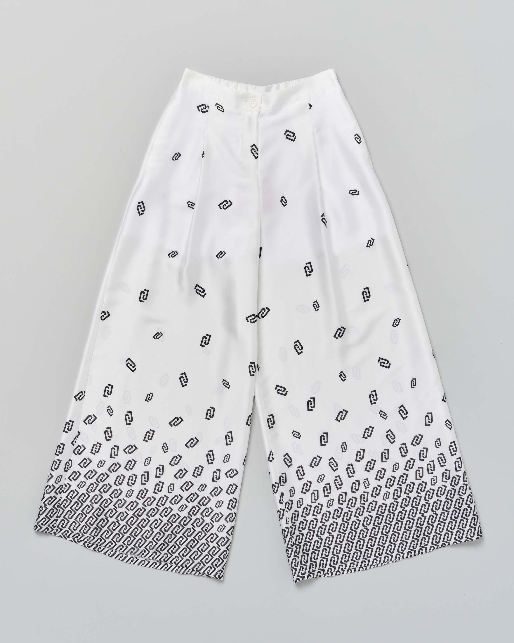 Pantalone palazzo Liu Jo bianco e nero in raso con fantasia logata