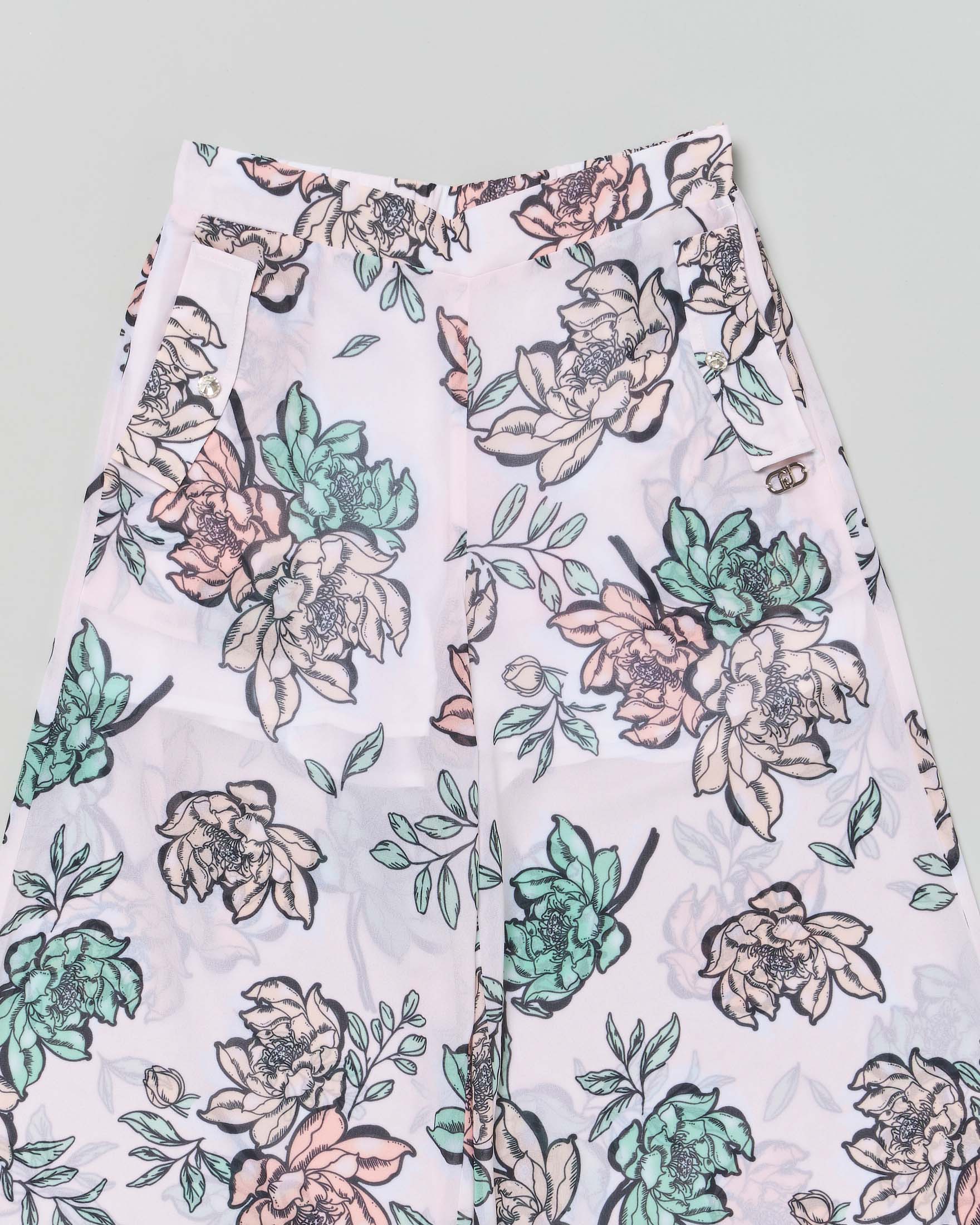 Pantalone cropped Liu Jo in tessuto semitrasparente con fantasia floreale image
