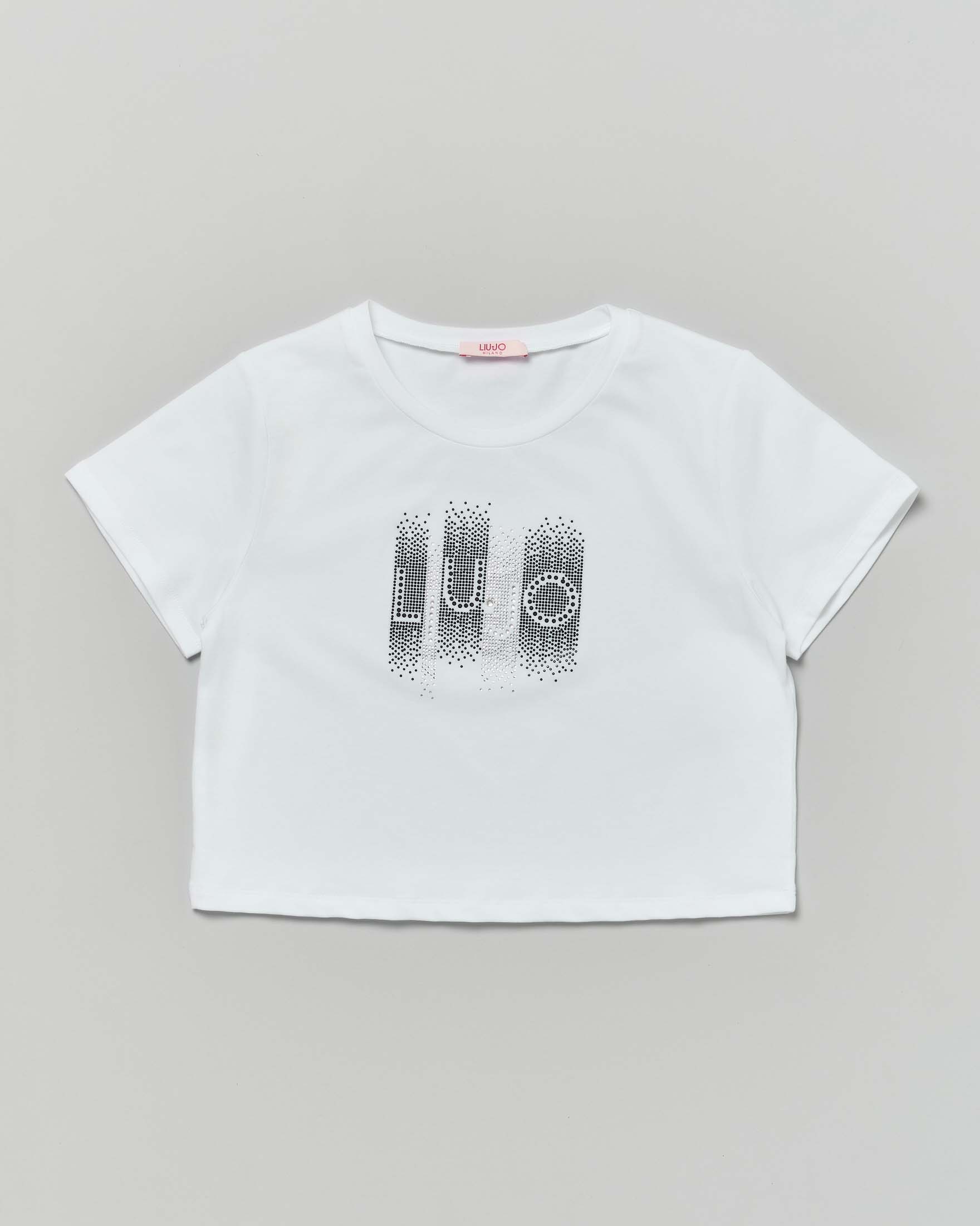 T-shirt cropped Liu Jo bianca in cotone stretch con logo strass