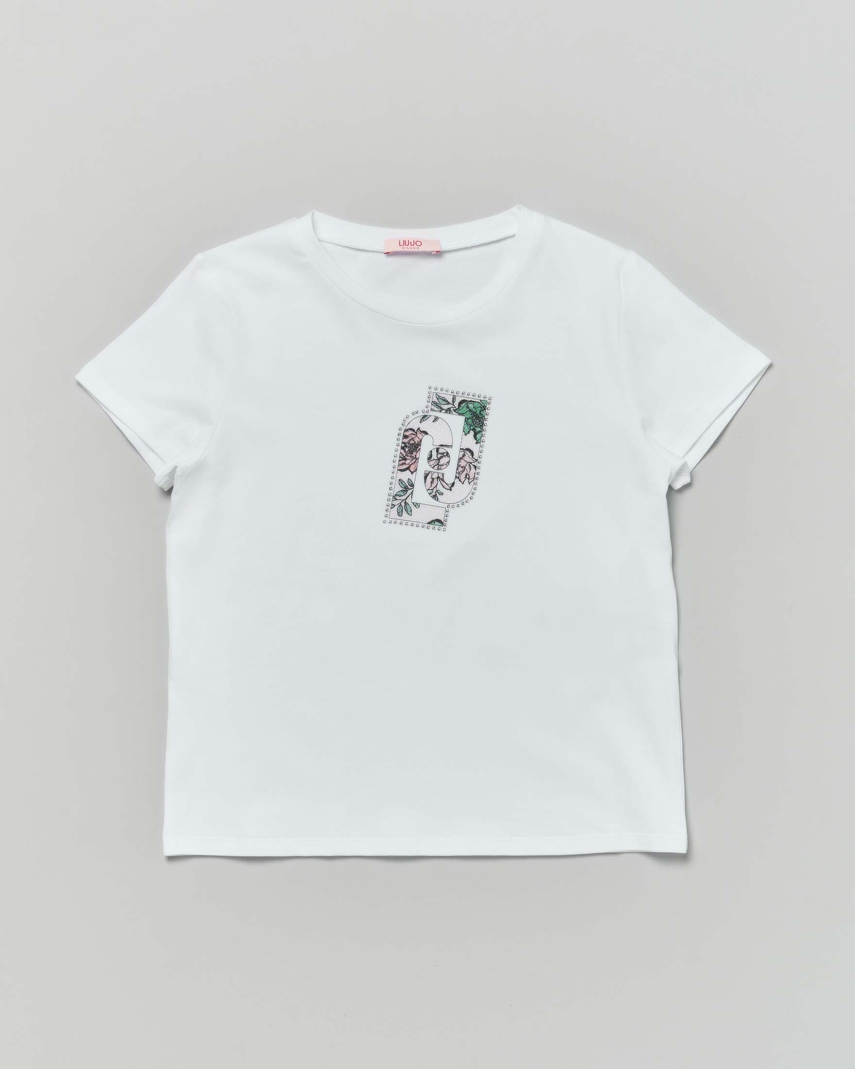T-shirt Liu Jo bianca mezza manica con logo icon in strass e fantasia floreale