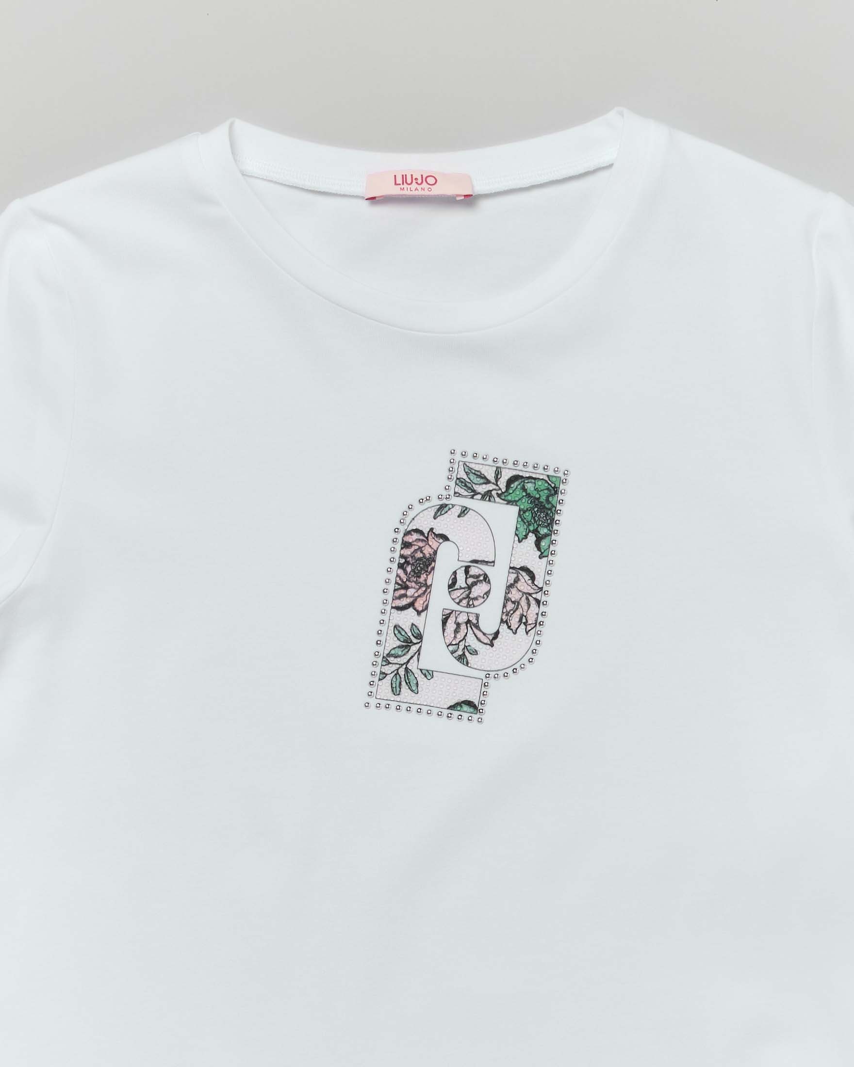 T-shirt Liu Jo bianca mezza manica con logo icon in strass e fantasia floreale image