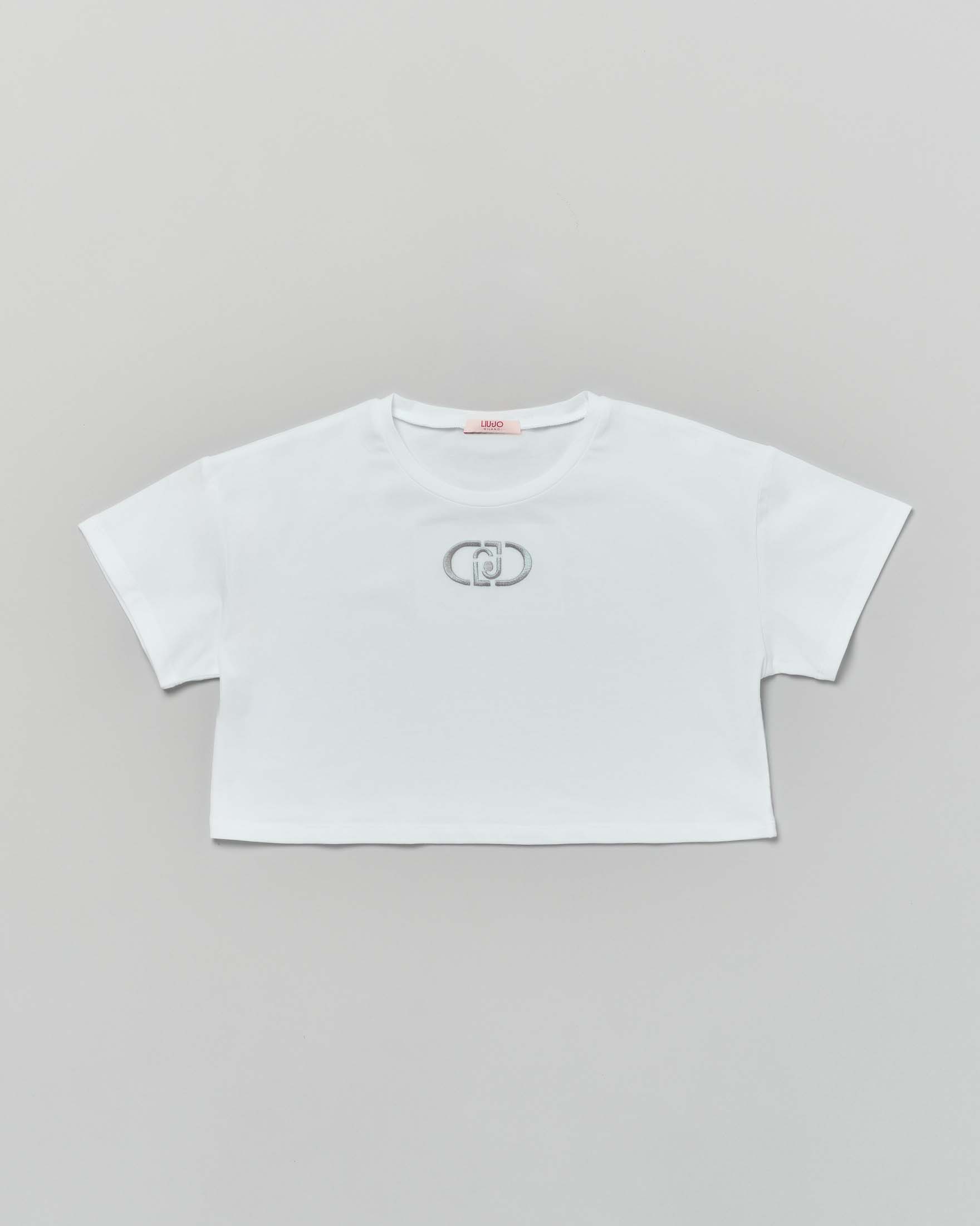 T-shirt cropped Liu Jo bianca in cotone stretch con logo monogram argento