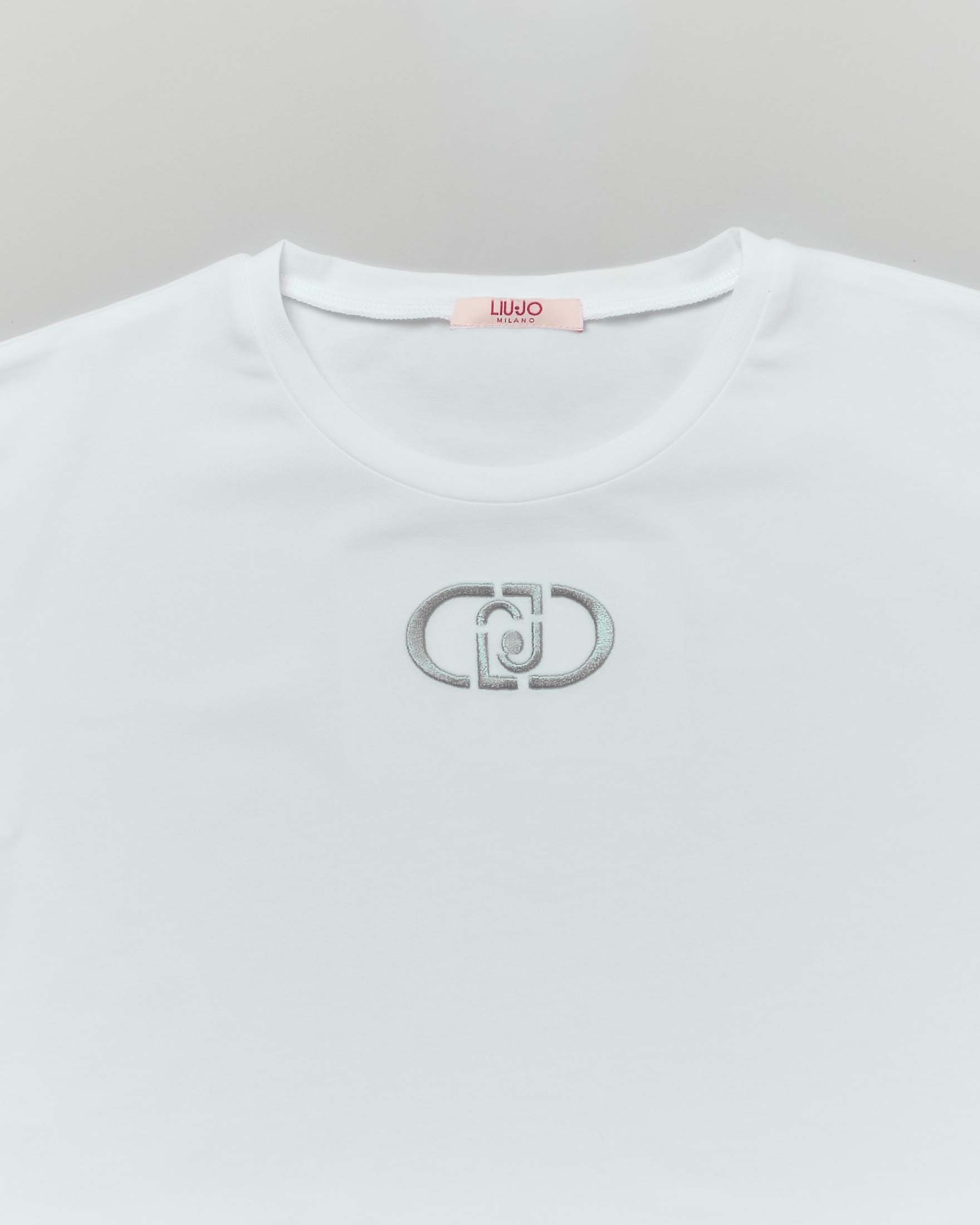 T-shirt cropped Liu Jo bianca in cotone stretch con logo monogram argento image