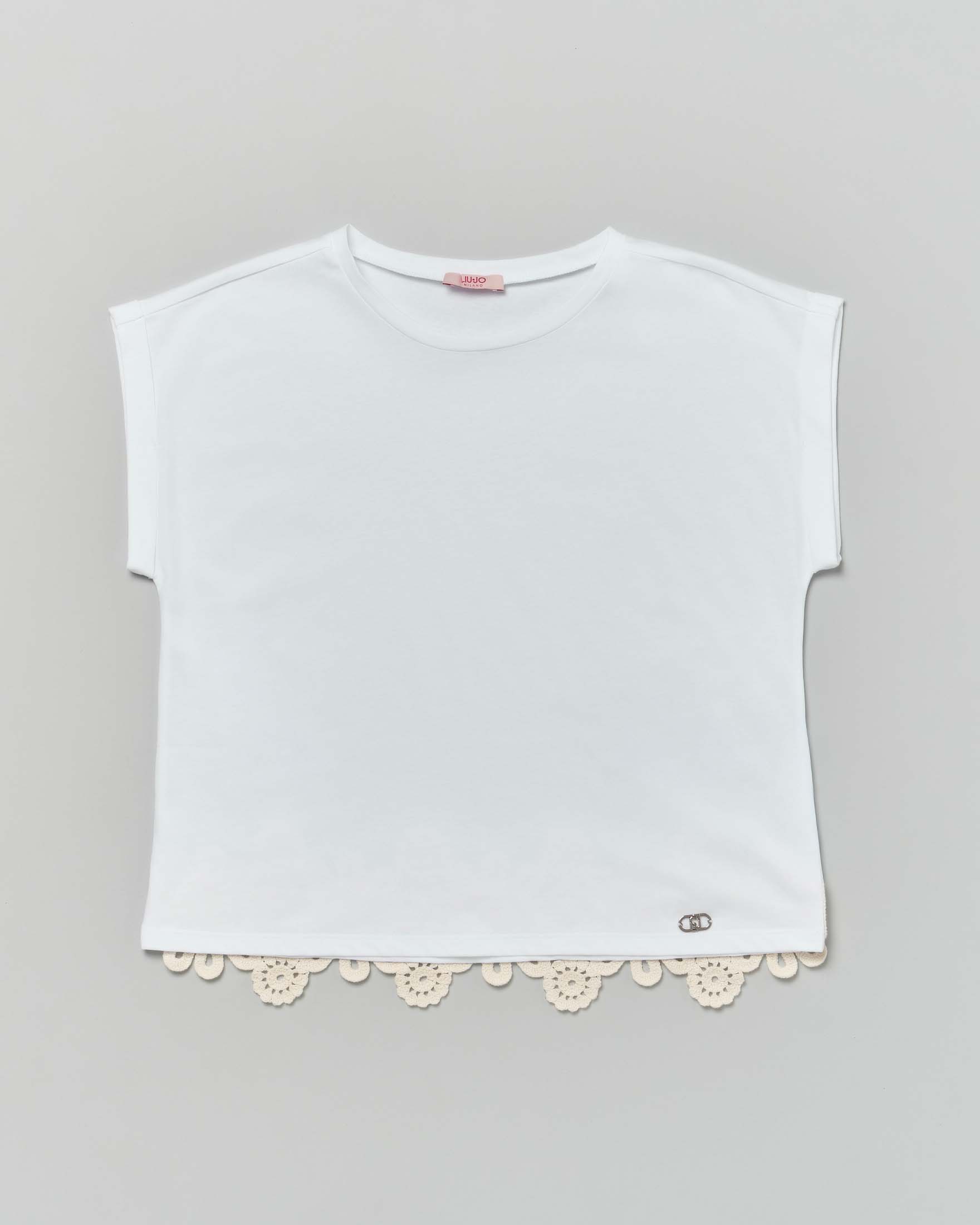 T-shirt Liu Jo bianca in cotone stretch con crochet avorio sul retro