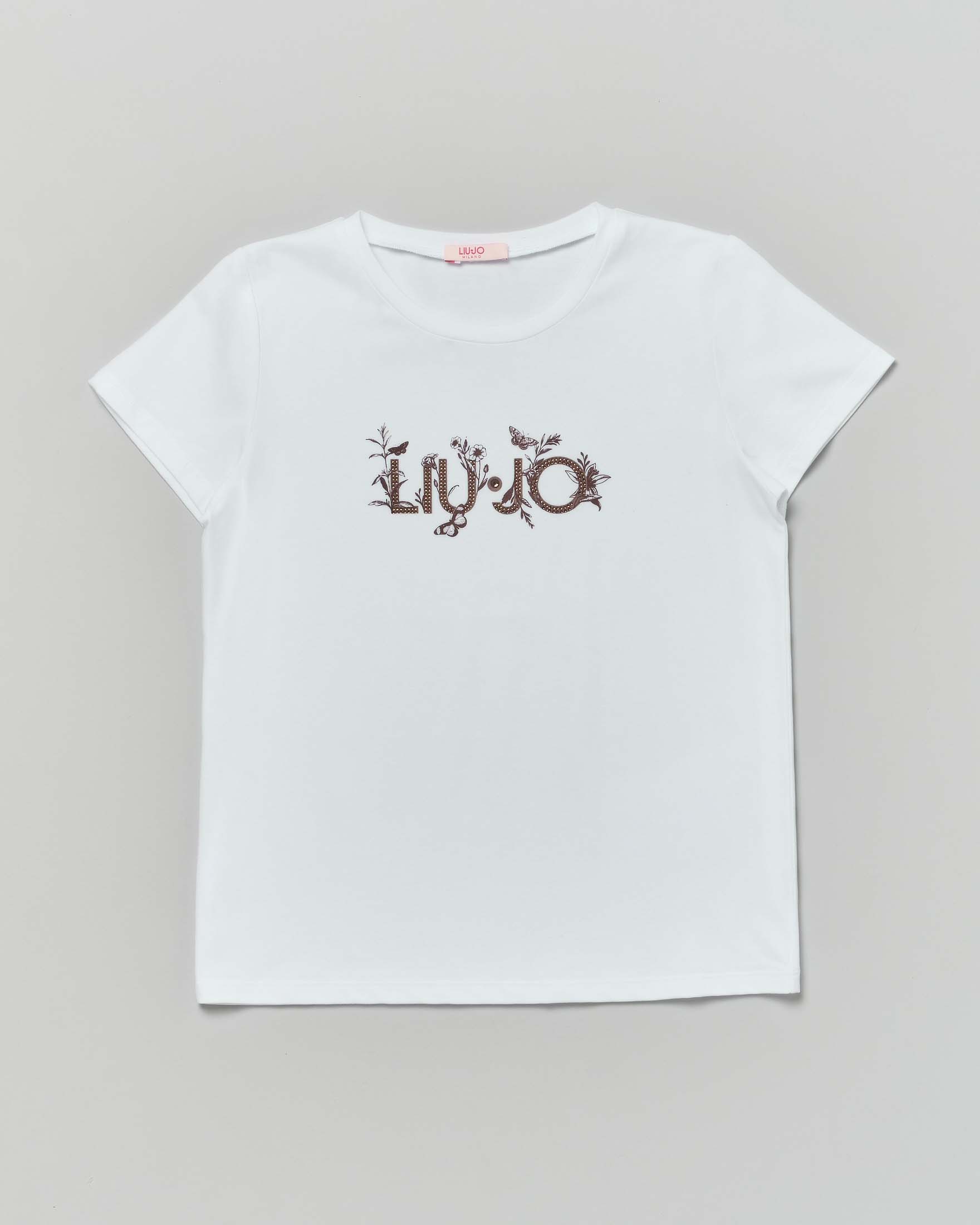 T-shirt Liu Jo bianca mezza manica con scritta logo marrone in strass e fantasia floreale
