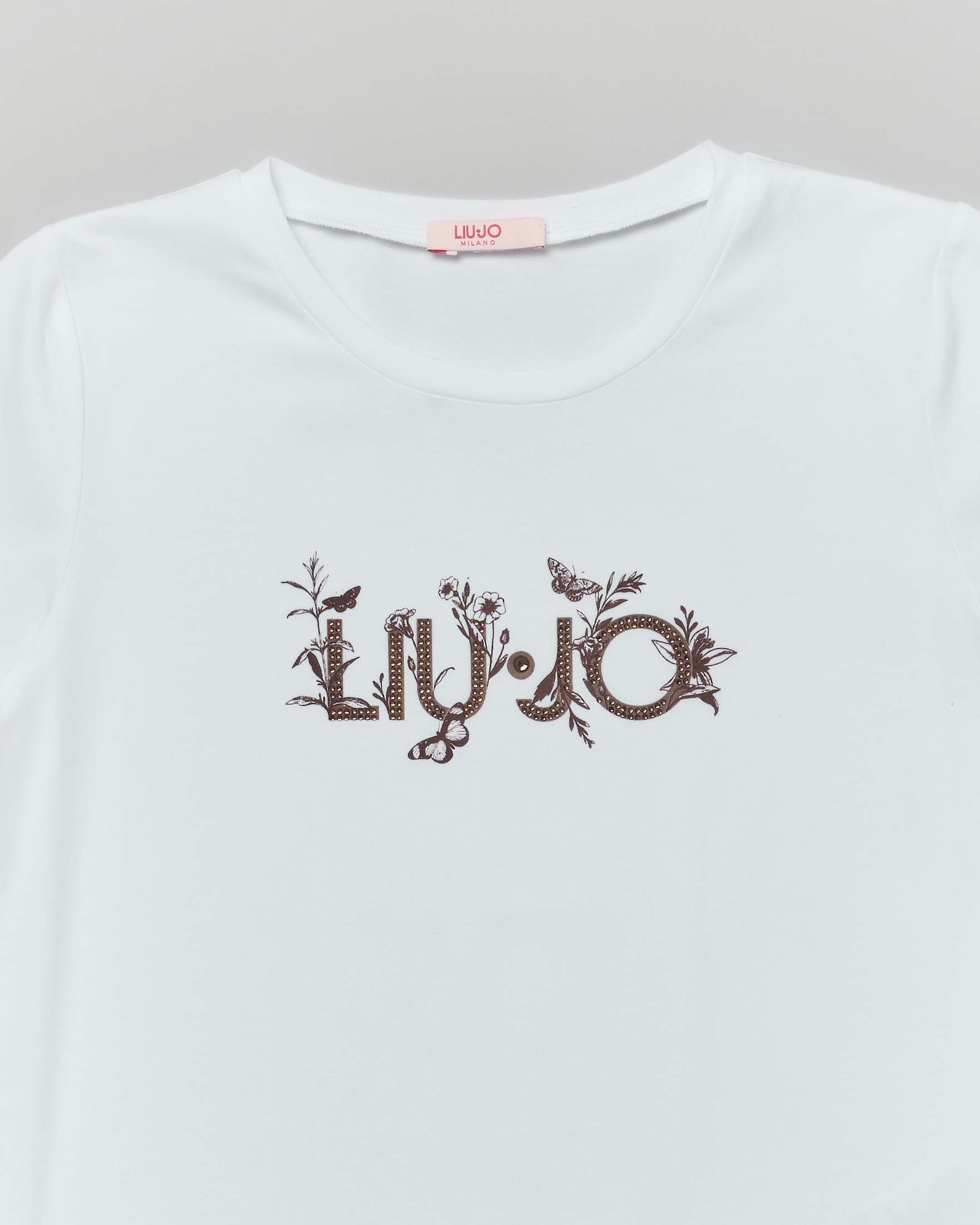 T-shirt Liu Jo bianca mezza manica con scritta logo marrone in strass e fantasia floreale image