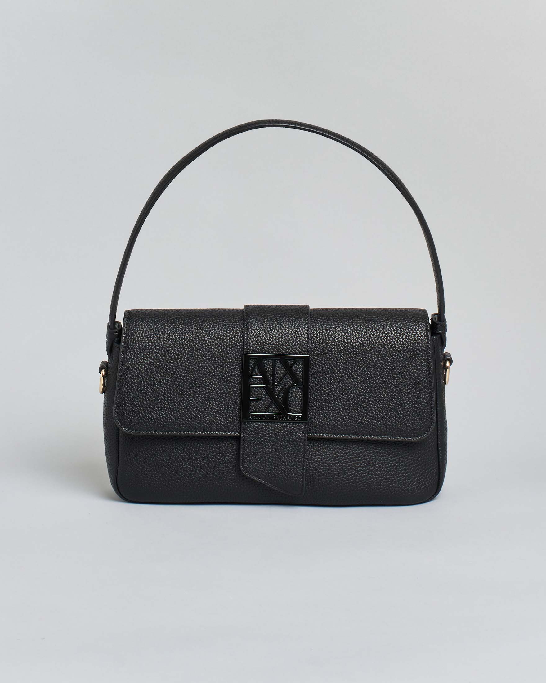 Borsa a spalla Exchange nera in similpelle con chiusura patta e fibbia logo