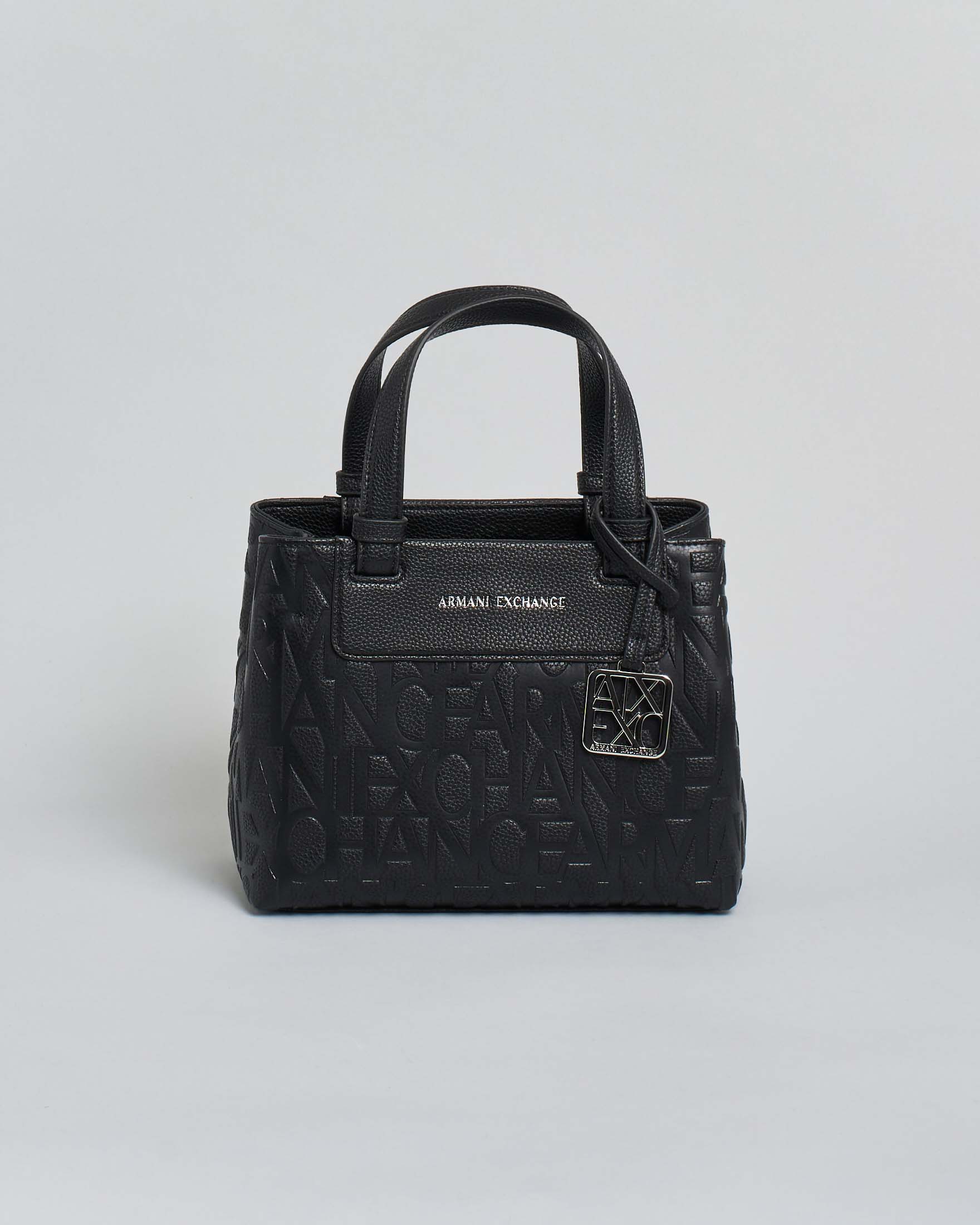 Borsa a mano Exchange nera in similpelle con logo allover e charm