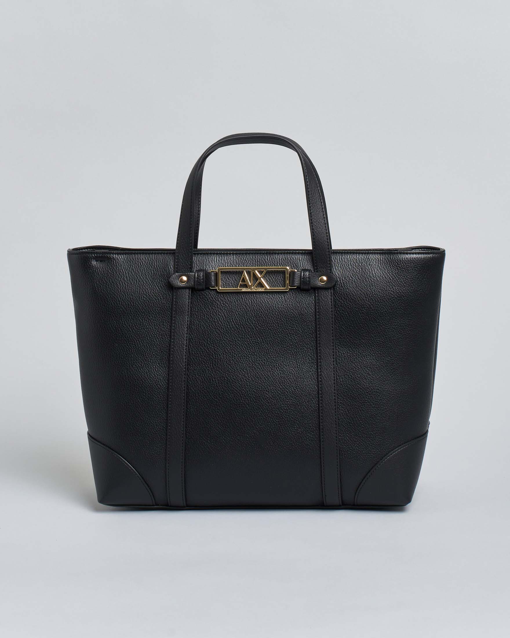 Borsa shopper Exchange nera con placca logo dorata e tracolla removibile