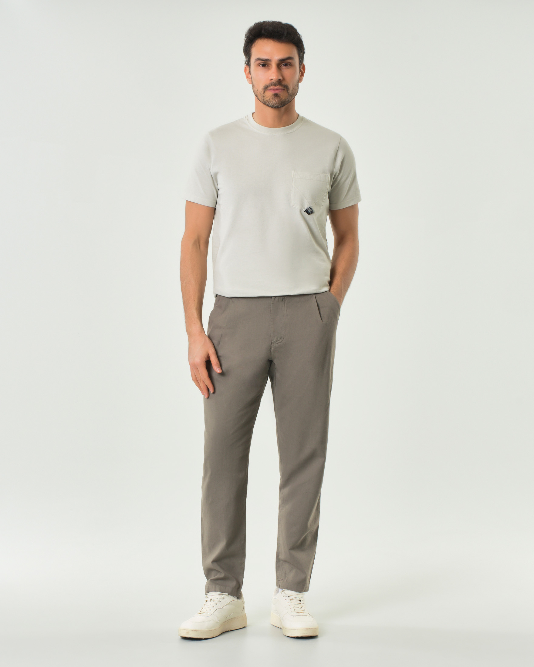 Pantalone chino fango My Stuff in misto lino e cotone con pinces