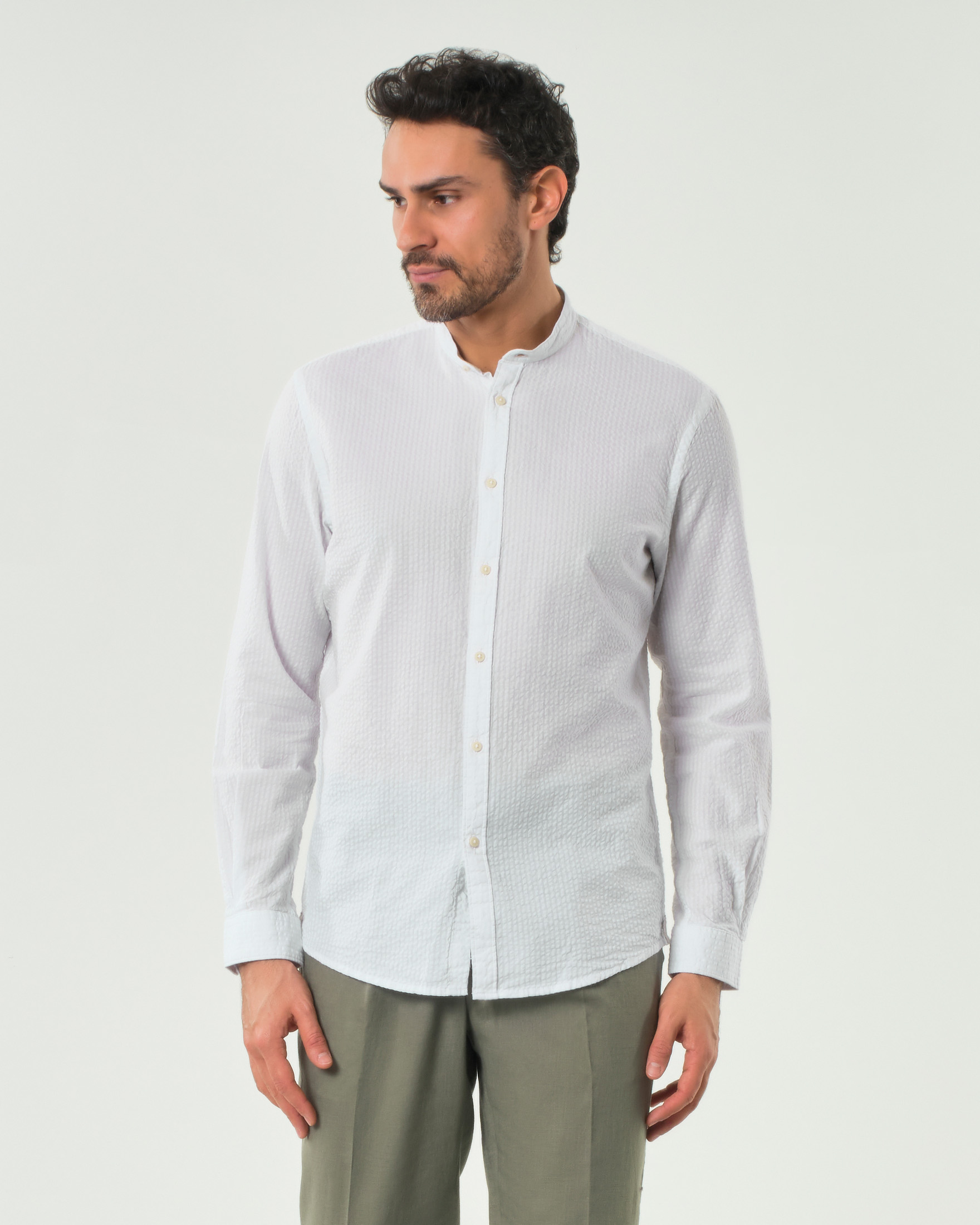 Camicia coreana bianca Paul Baker in seersucker di puro cotone