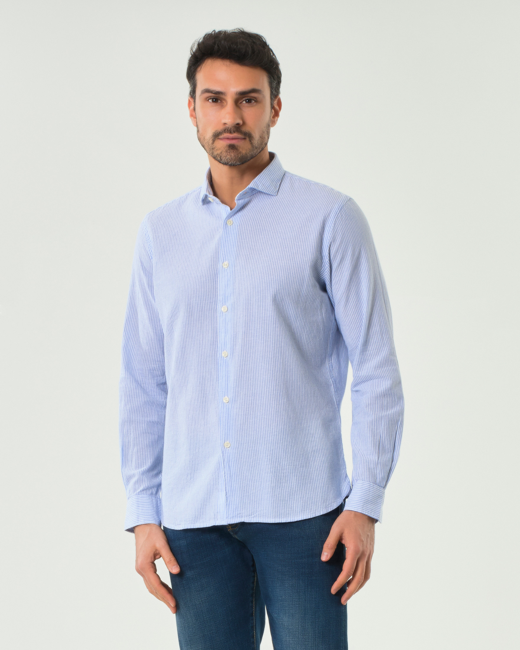 Camicia bastoncino bianco e azzurro in misto cotone e lino