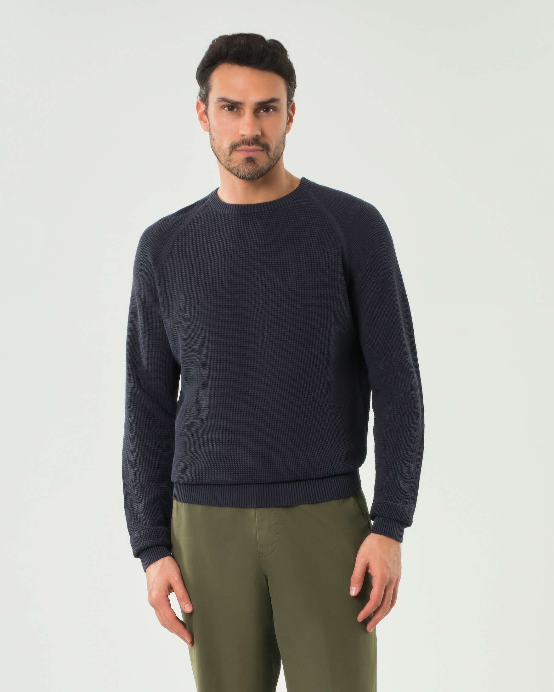 Maglia girocollo blu in puro cotone micro armatura con maniche raglan