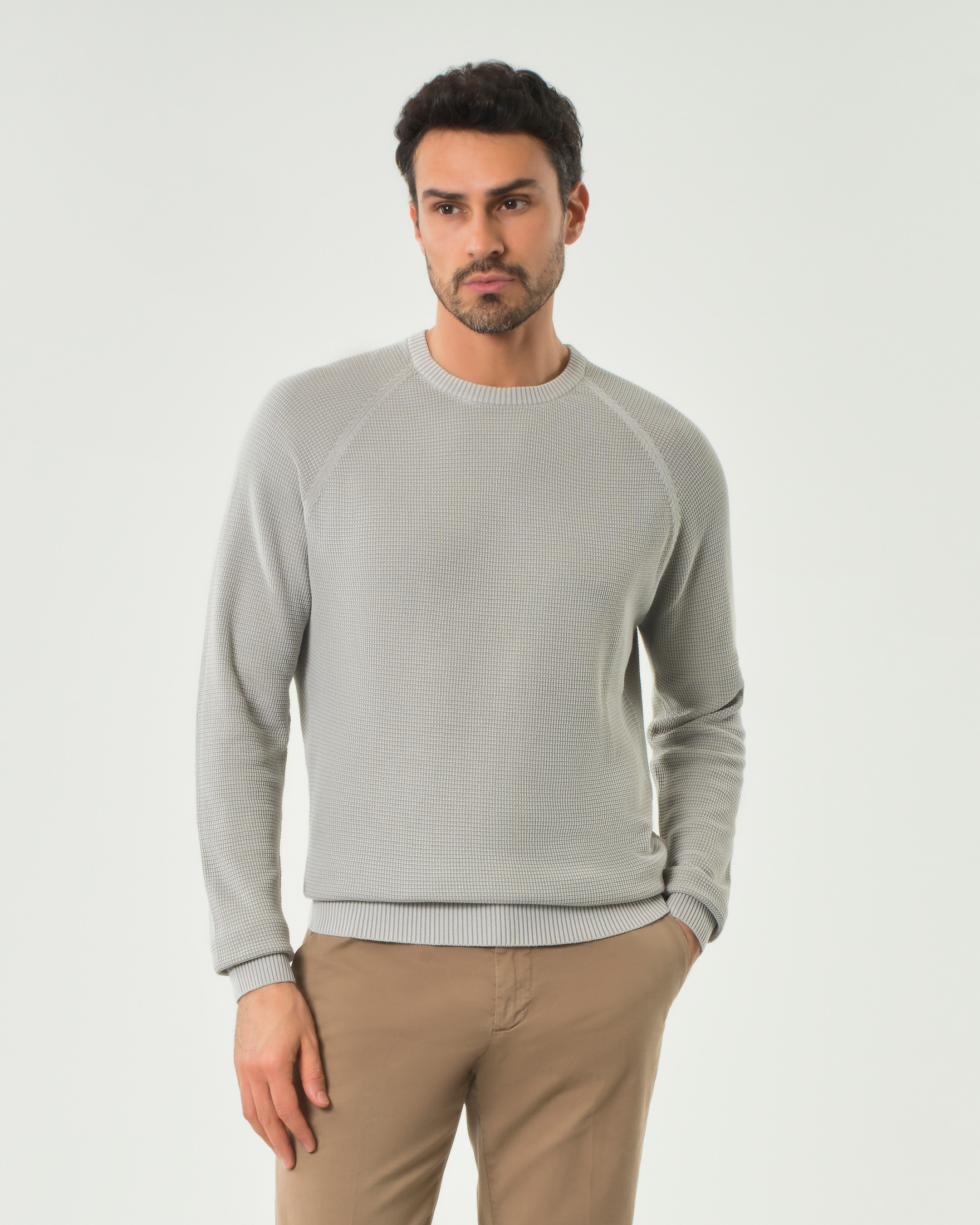Maglia girocollo grigia Paul Baker in puro cotone micro armatura con maniche raglan
