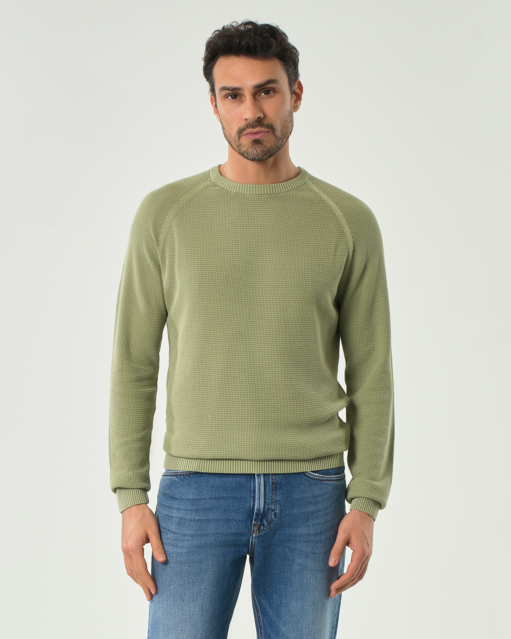 Maglia girocollo verde oliva in puro cotone micro armatura con maniche raglan